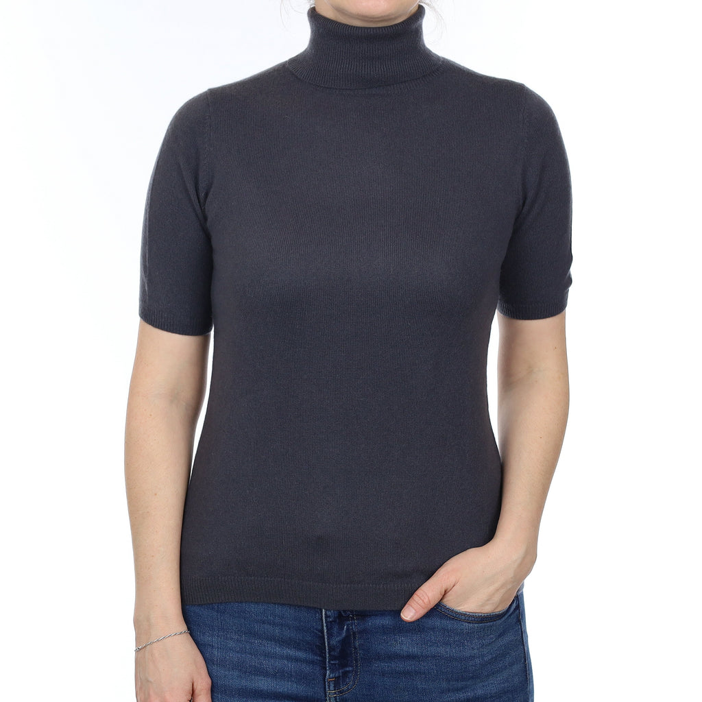 Stone Grey Cashmere Short Sleeve Polo Neck Small