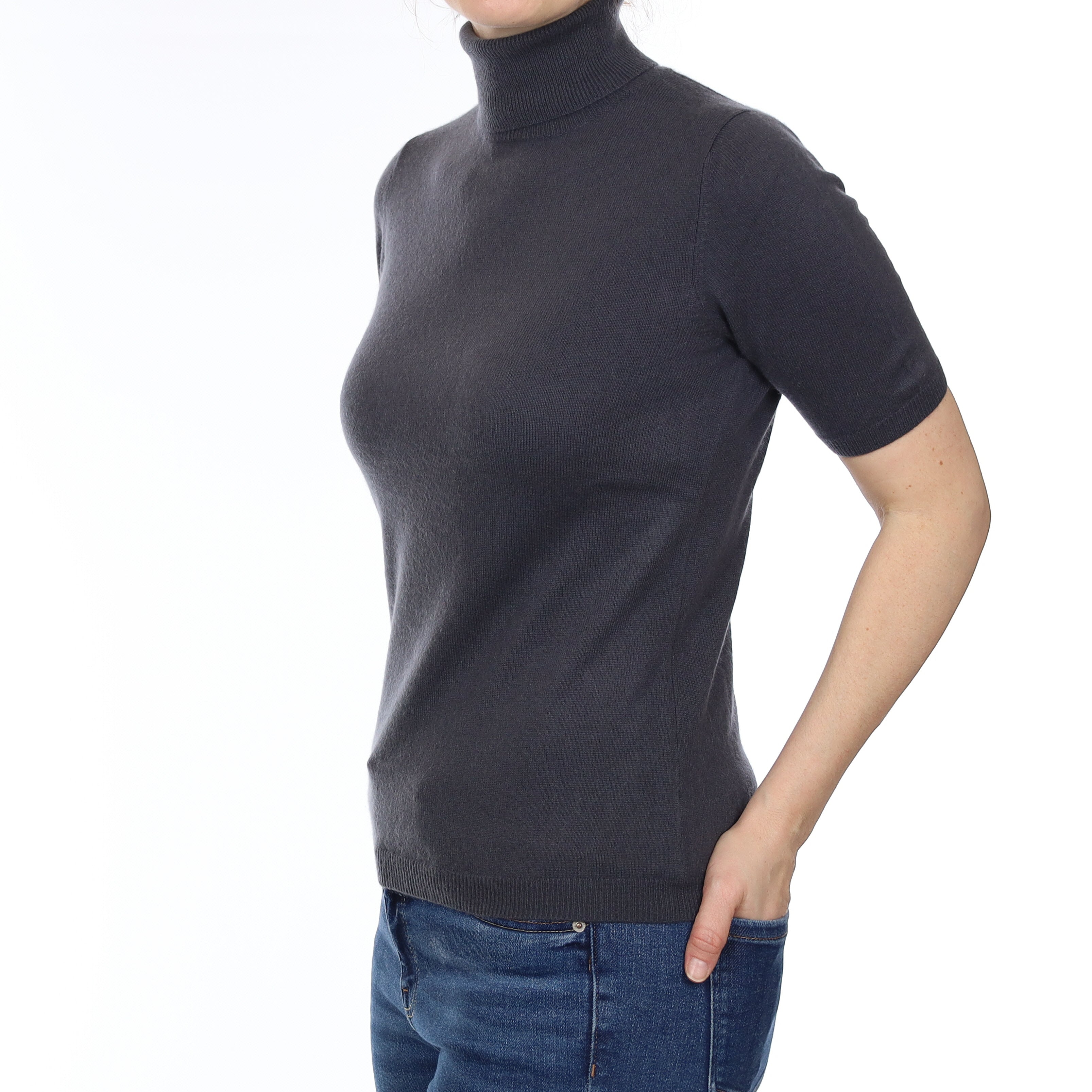 Stone Grey Cashmere Short Sleeve Polo Neck Small