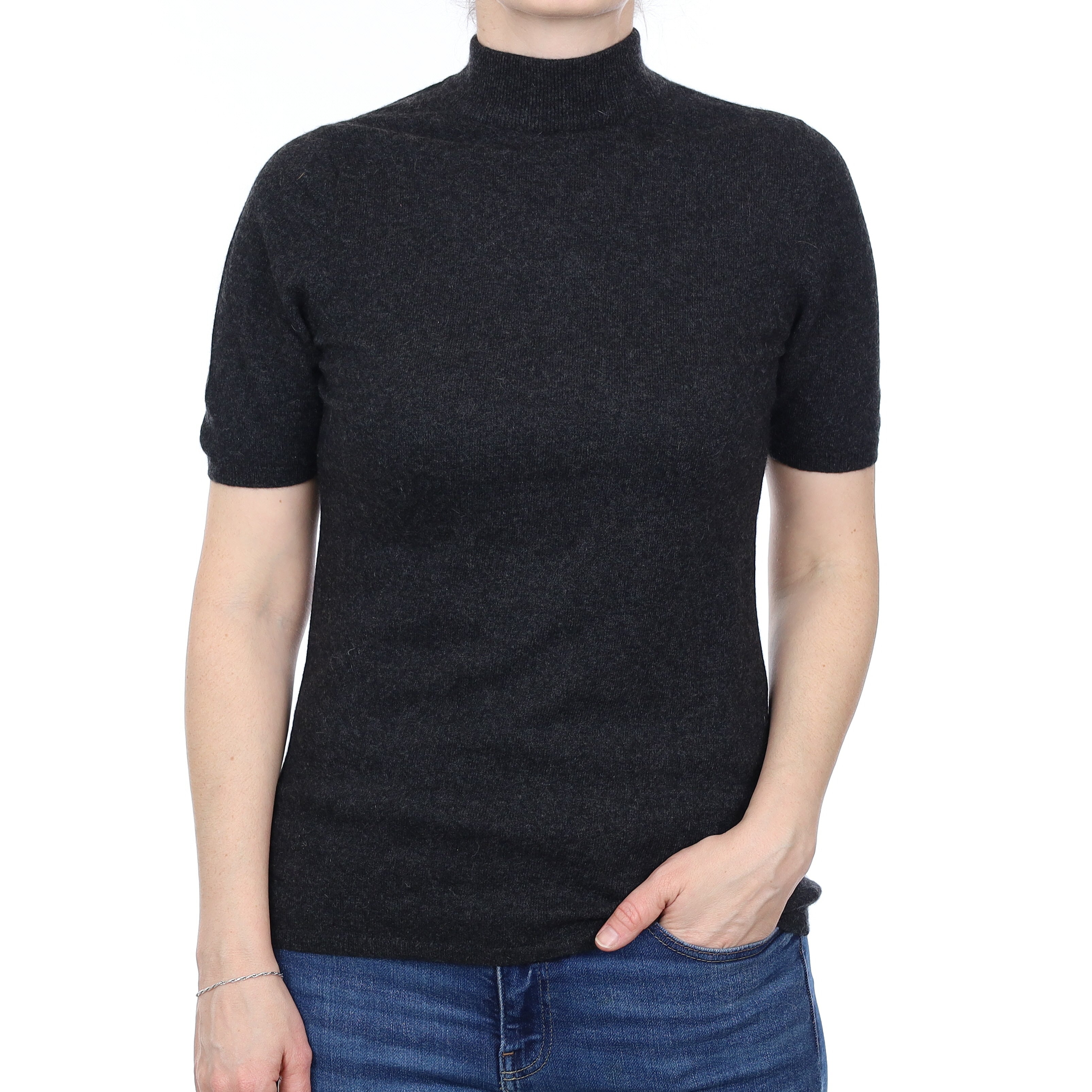Scottish Graphite Grey Cashmere Short Sleeve Turtle Neck Jumper Small