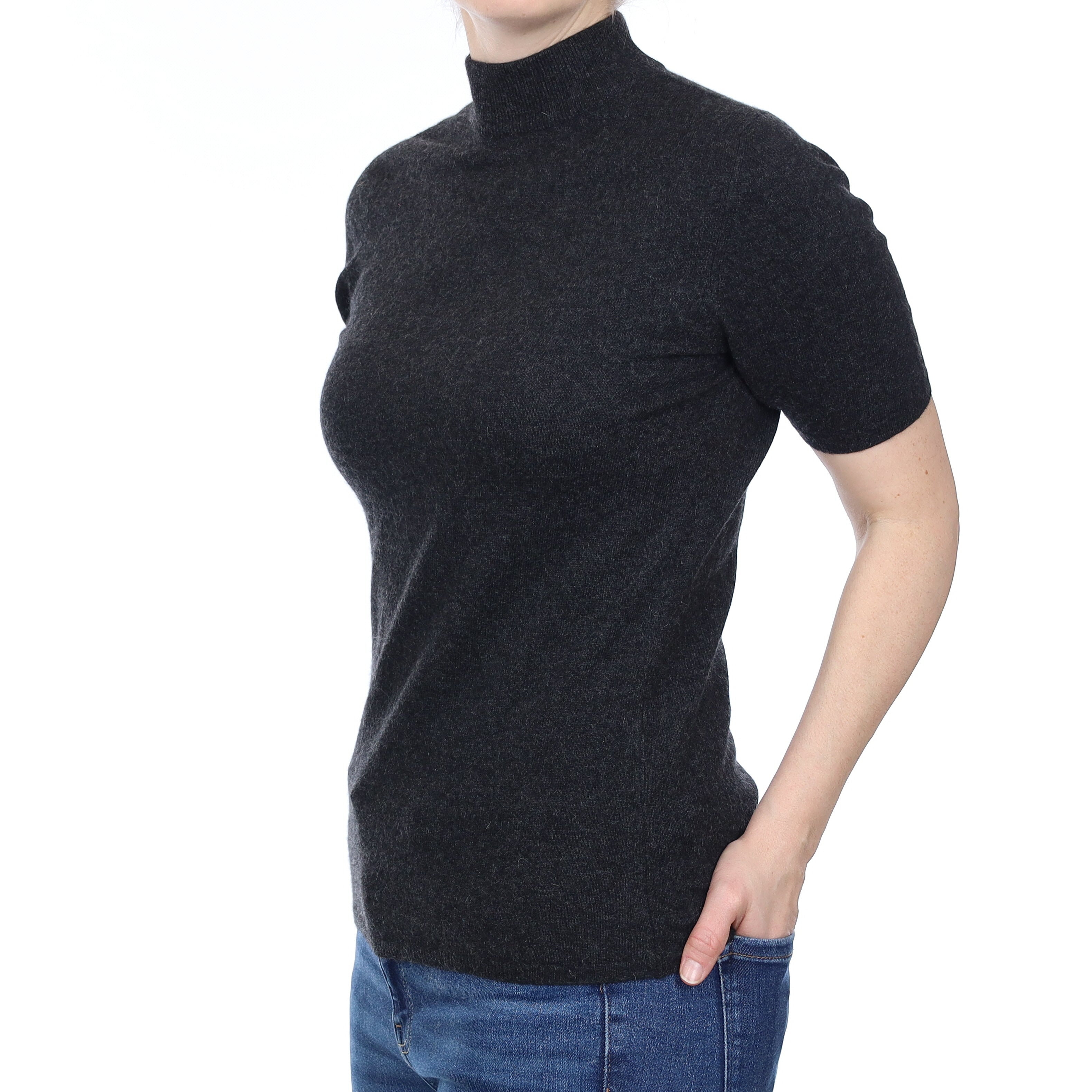 Scottish Graphite Grey Cashmere Short Sleeve Turtle Neck Jumper Small