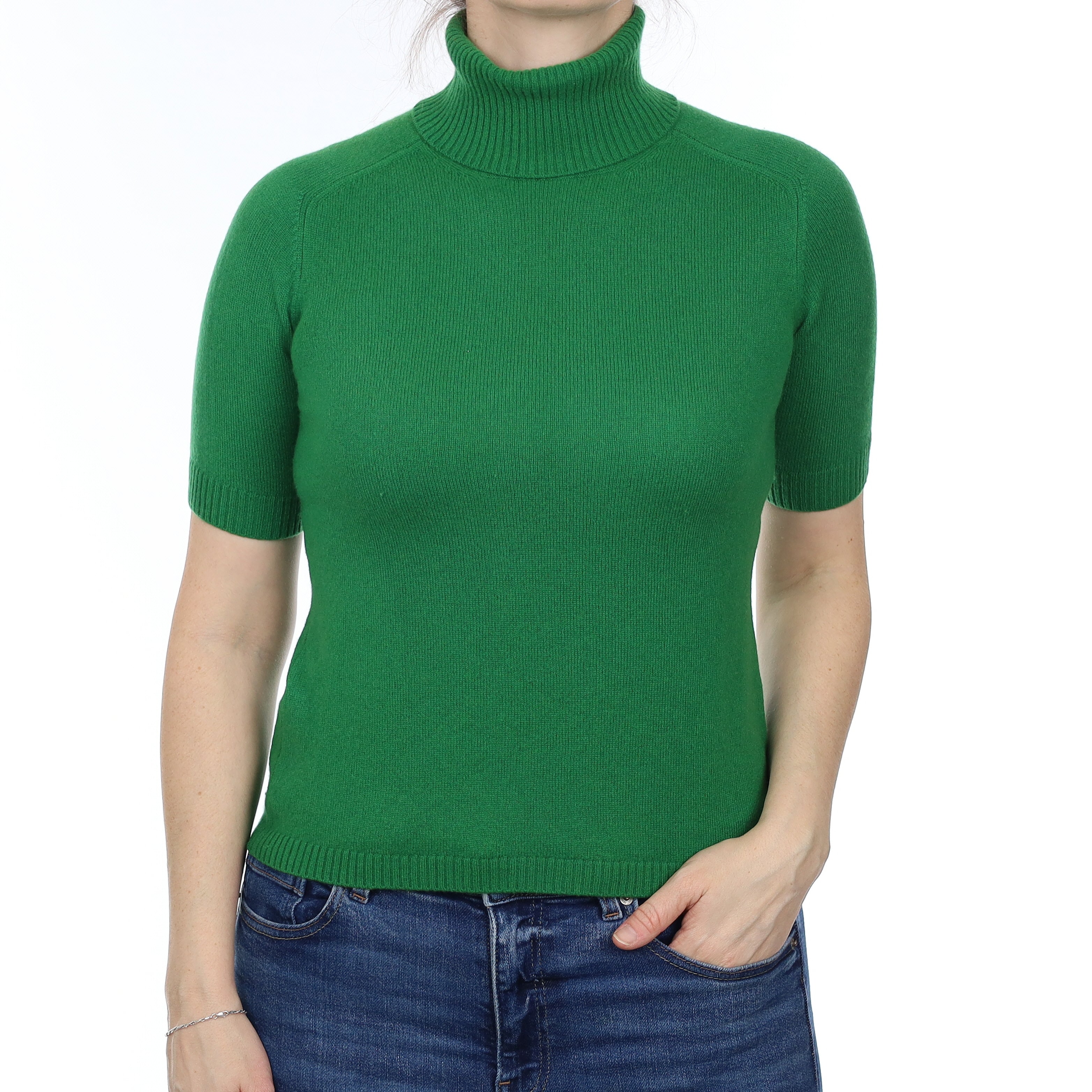 Emerald Green Cashmere Short Sleeve Polo Neck Jumper Small