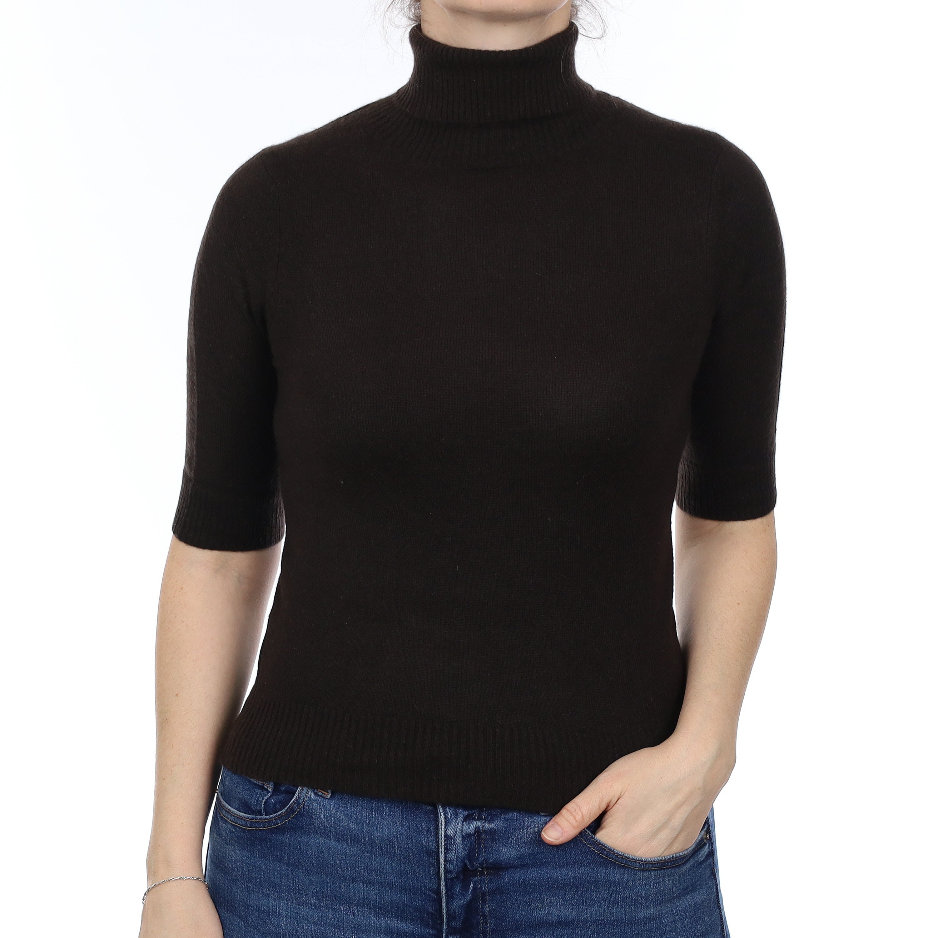 Dark Chocolate Brown Cashmere Short Sleeve Polo Neck Small