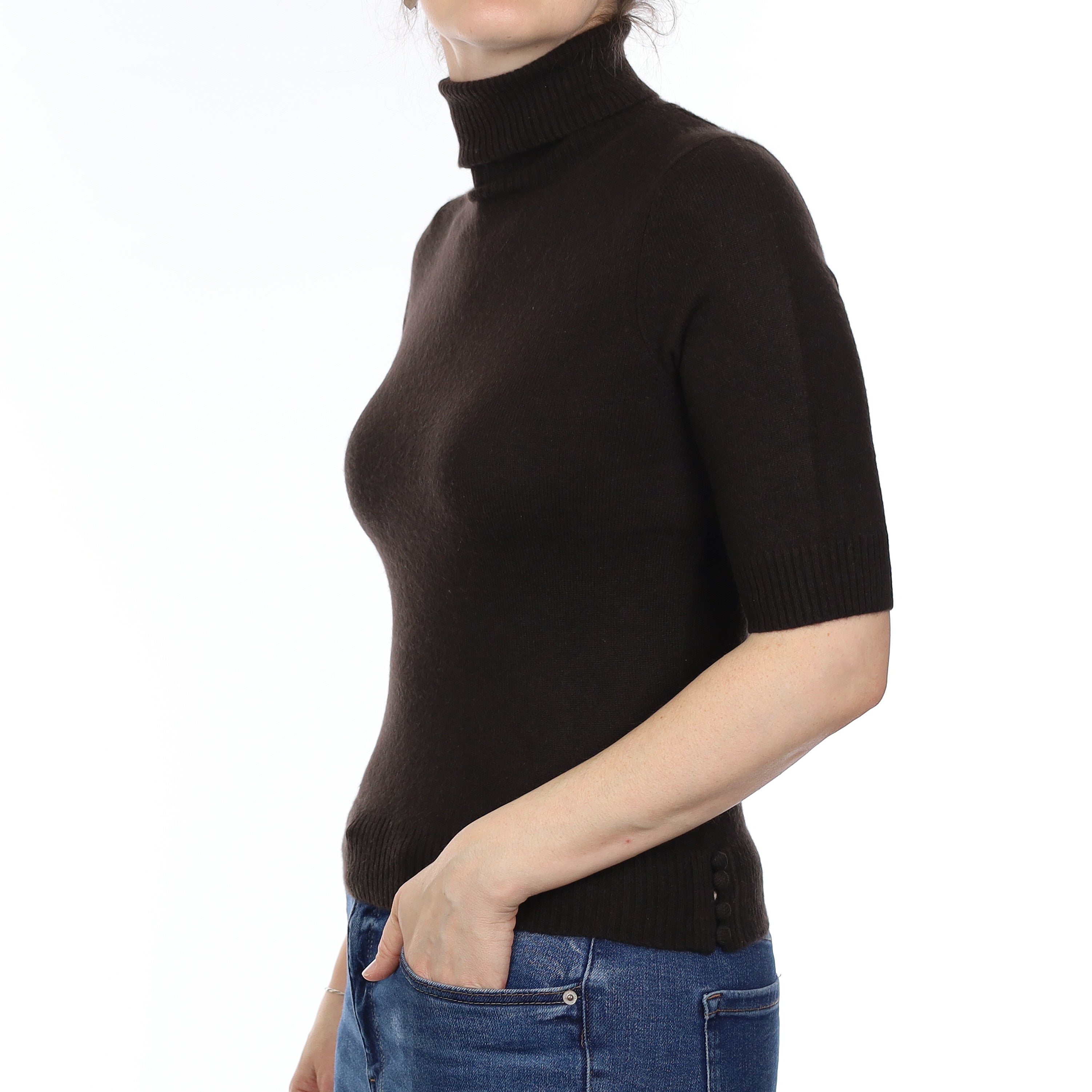 Dark Chocolate Brown Cashmere Short Sleeve Polo Neck Small