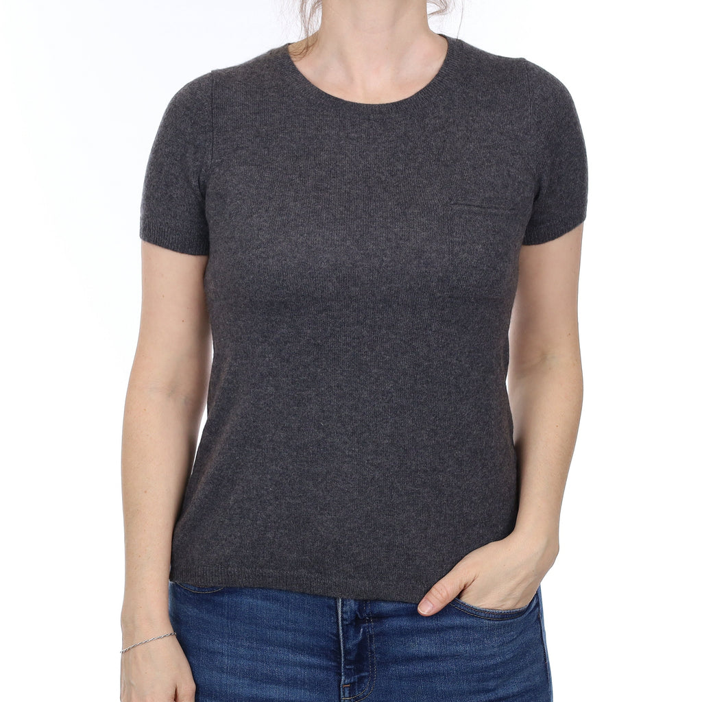 Slate Grey Cashmere Short Sleeve Crew Neck With Pocket Small
