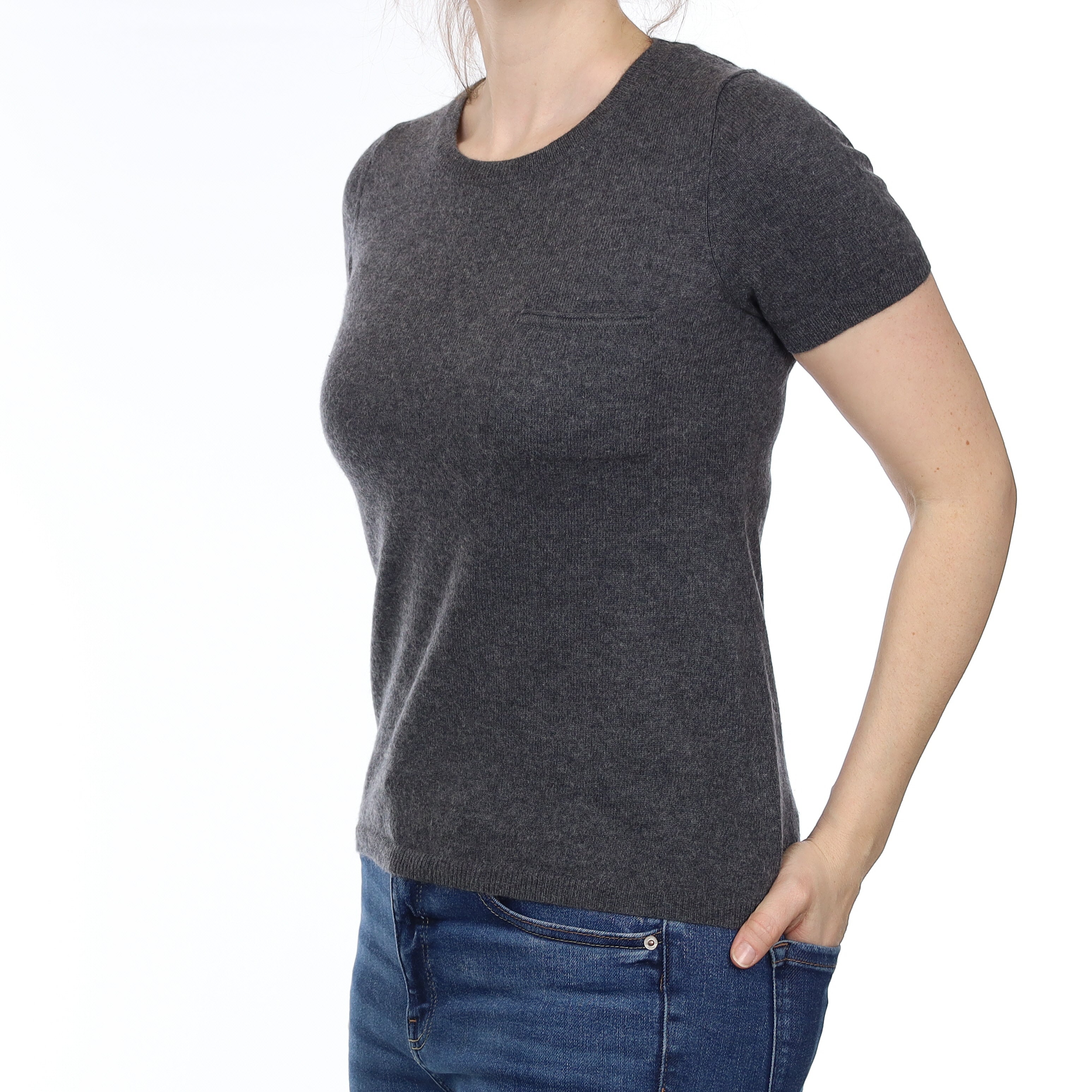 Slate Grey Cashmere Short Sleeve Crew Neck With Pocket Small