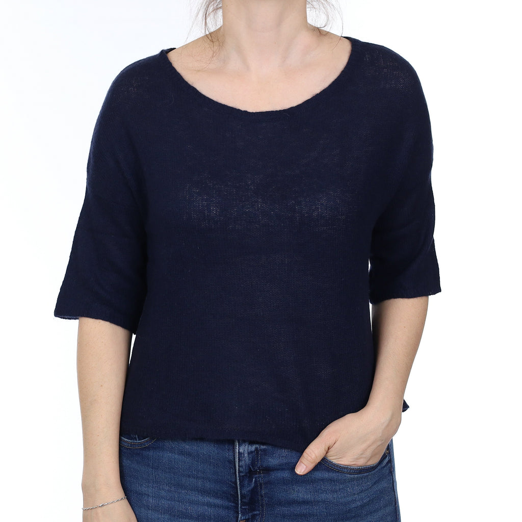 Navy Cashmere Short Sleeve Crew Neck Small