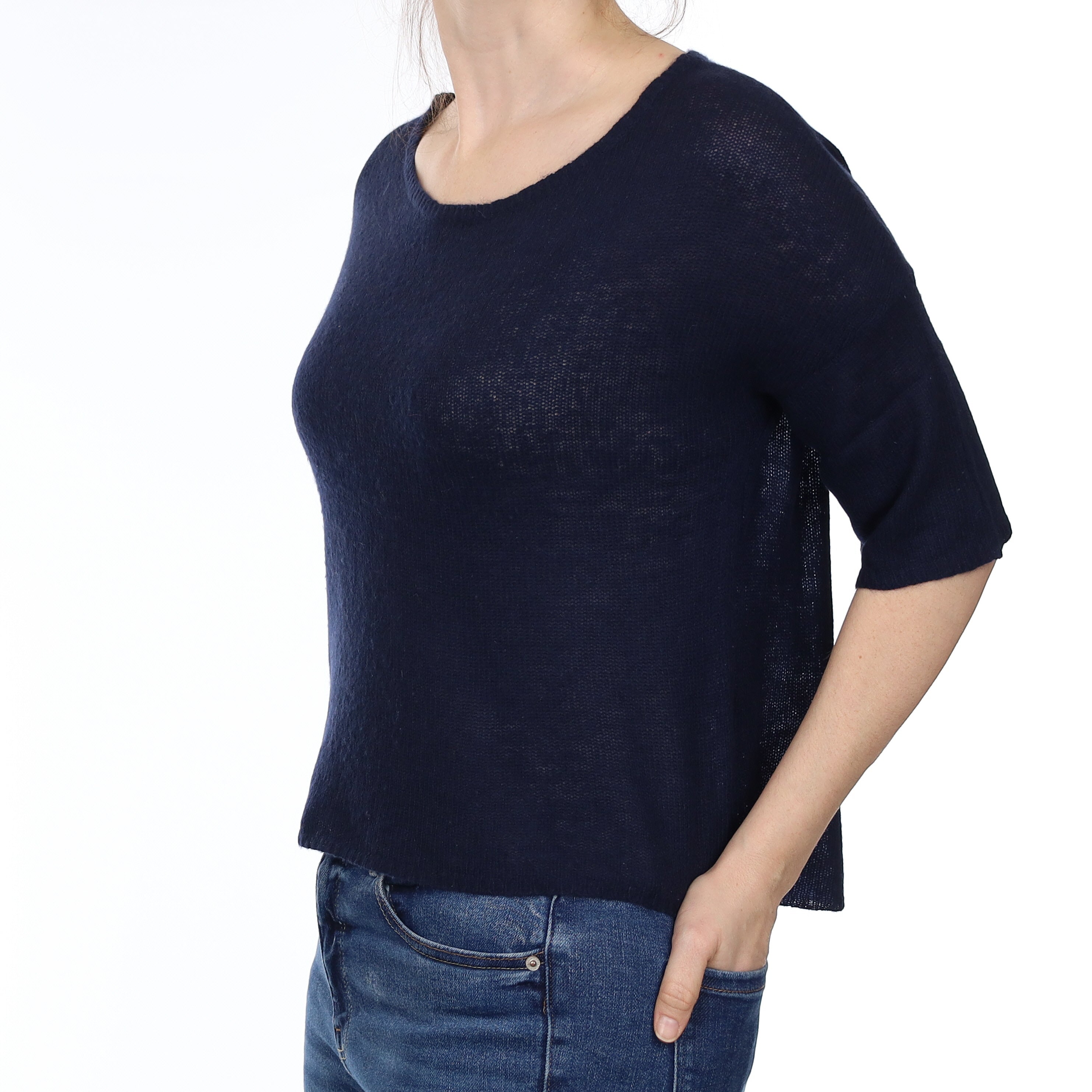 Navy Cashmere Short Sleeve Crew Neck Small