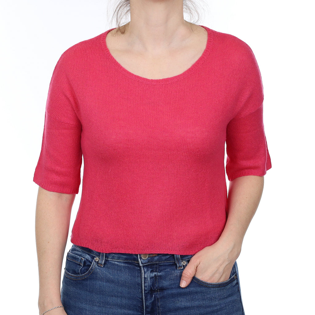 Hot Pink Cashmere Short Sleeve Crew Neck Jumper Small