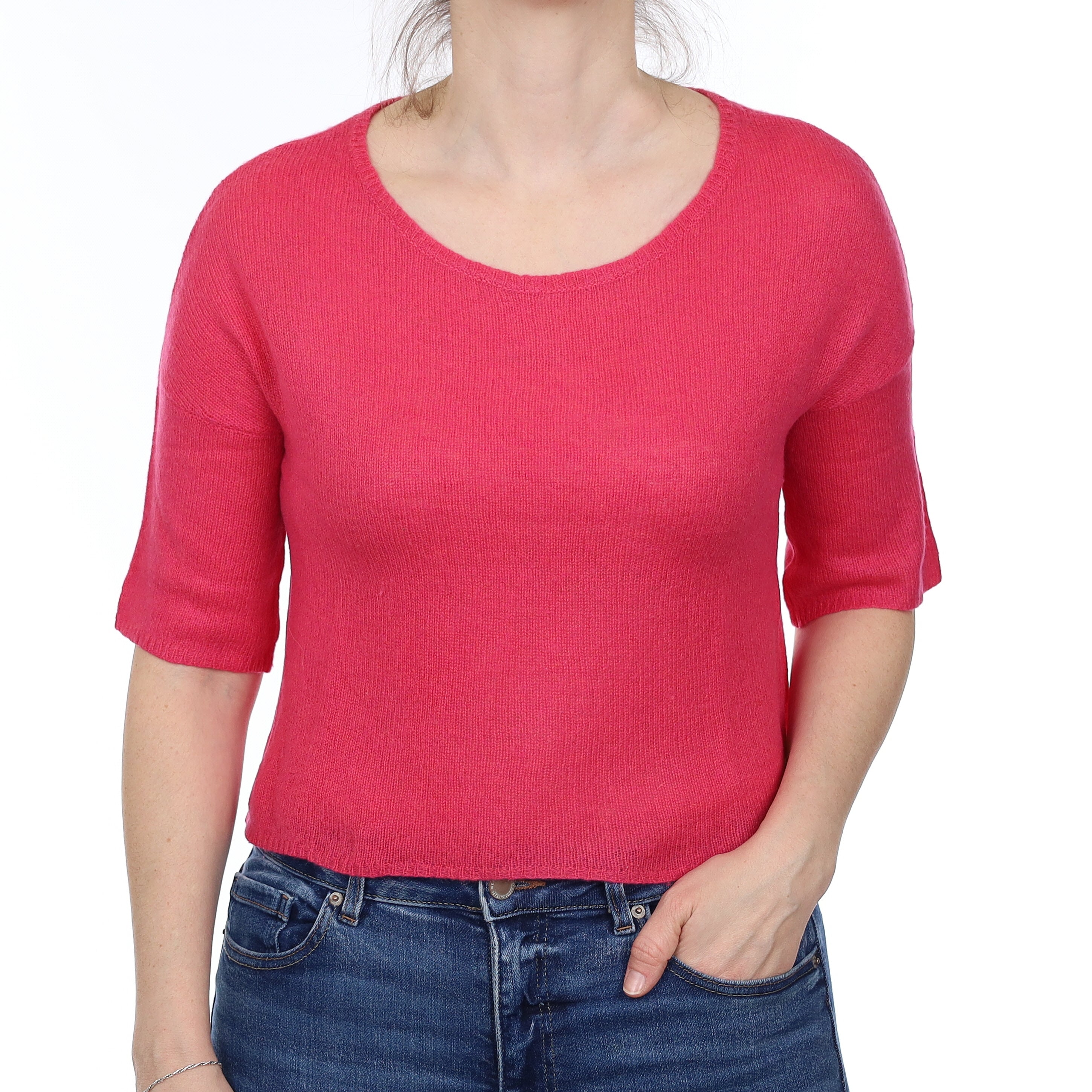 Hot Pink Cashmere Short Sleeve Crew Neck Jumper Small