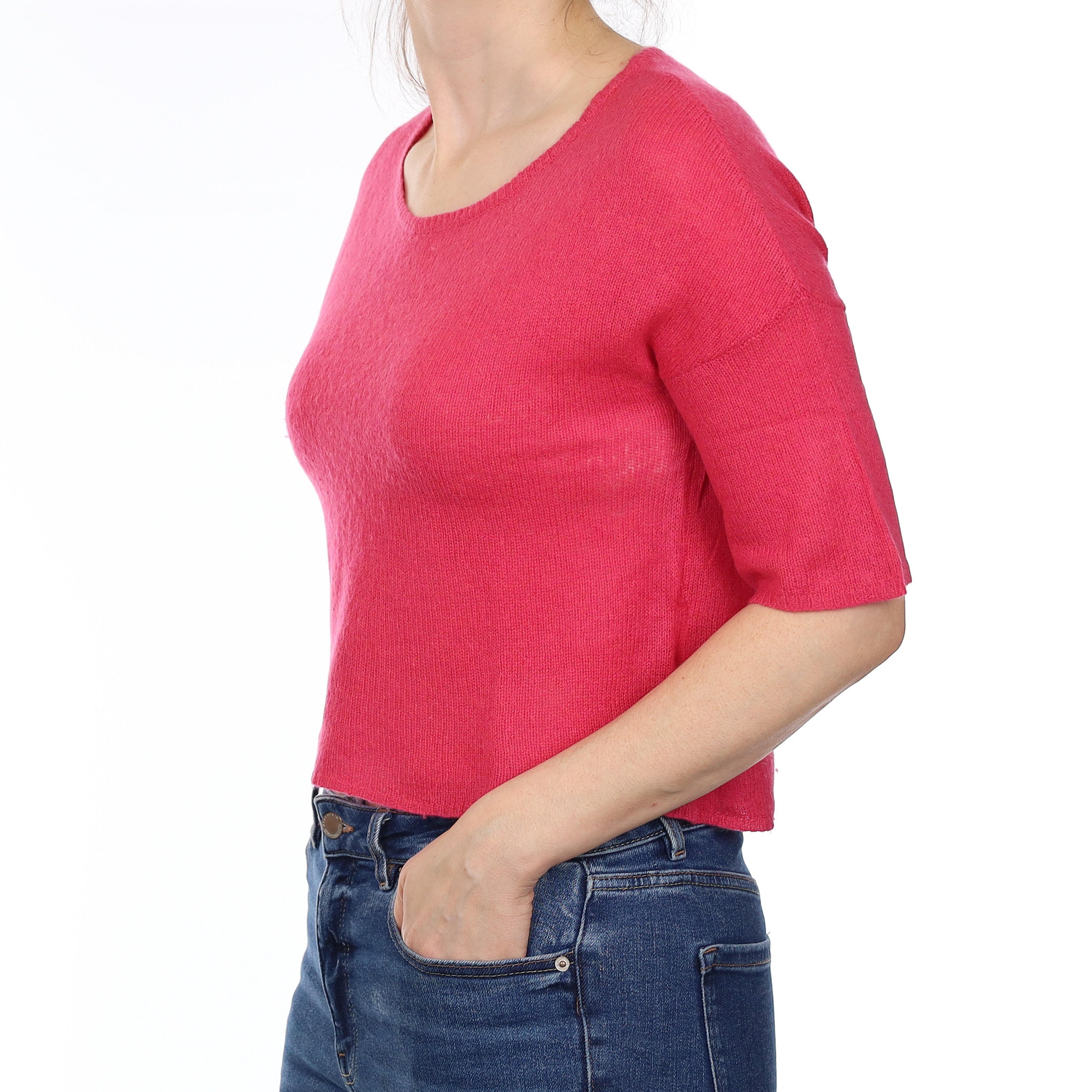 Hot Pink Cashmere Short Sleeve Crew Neck Jumper Small