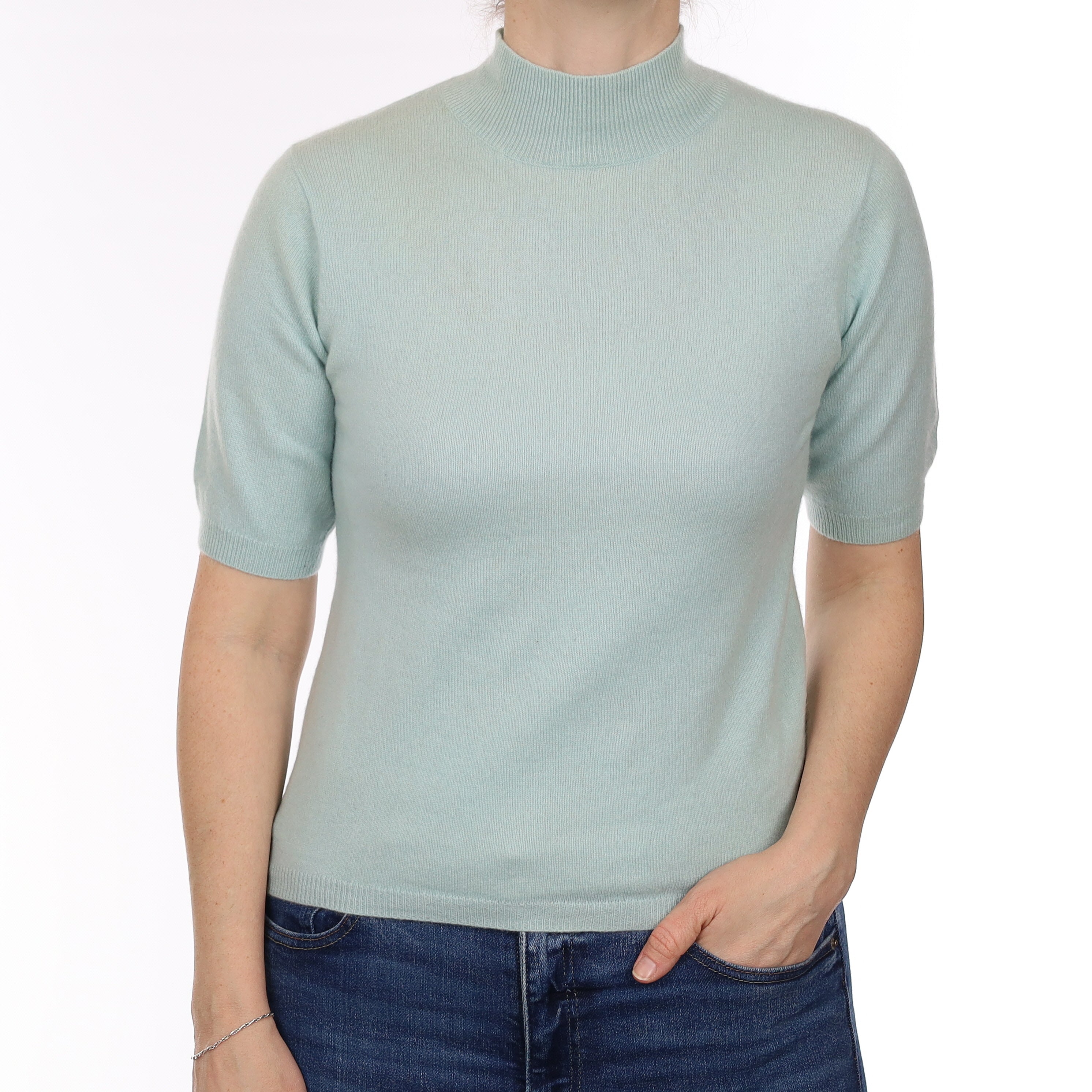 Opal Blue Cashmere Short Sleeve Turtle Neck Jumper Small