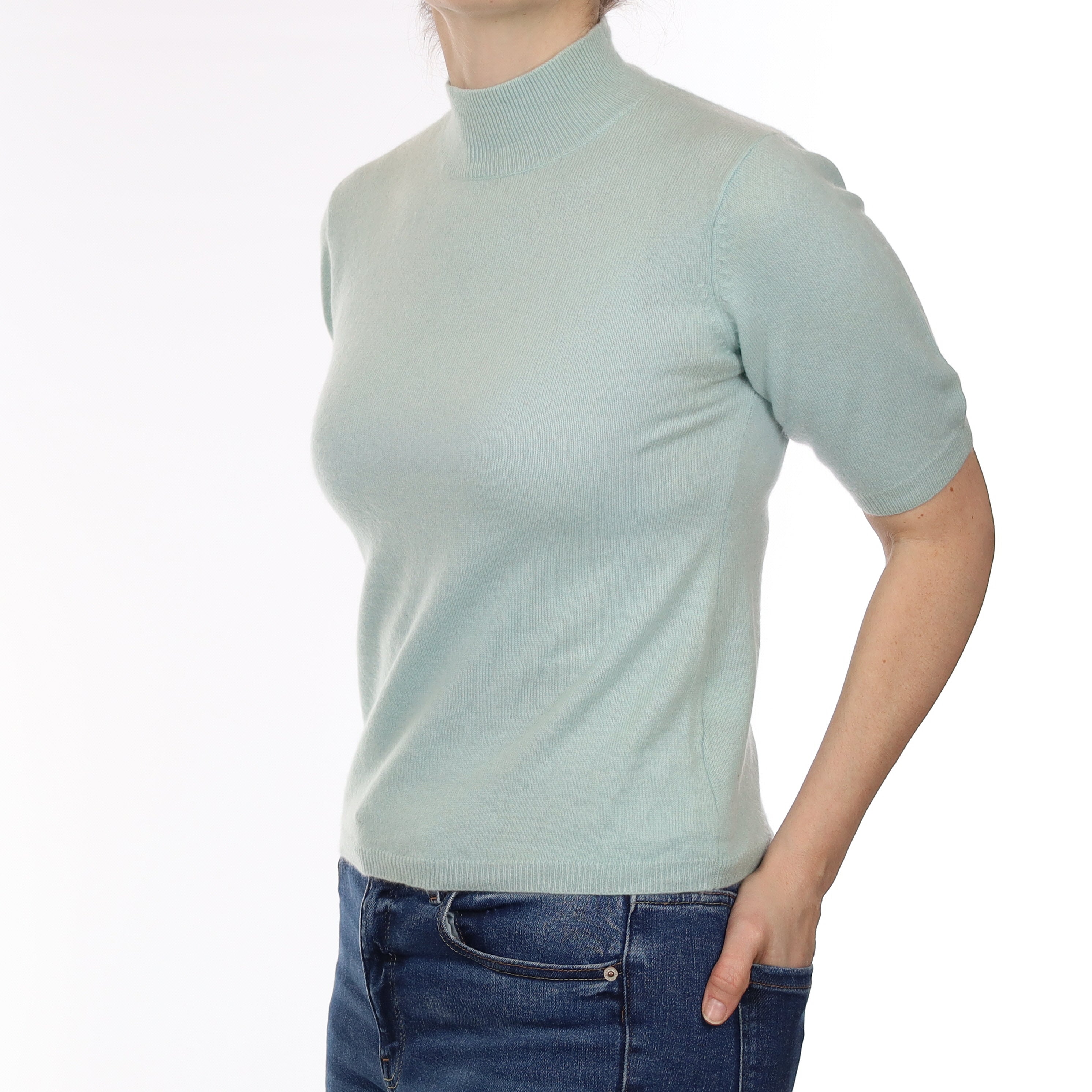 Opal Blue Cashmere Short Sleeve Turtle Neck Jumper Small