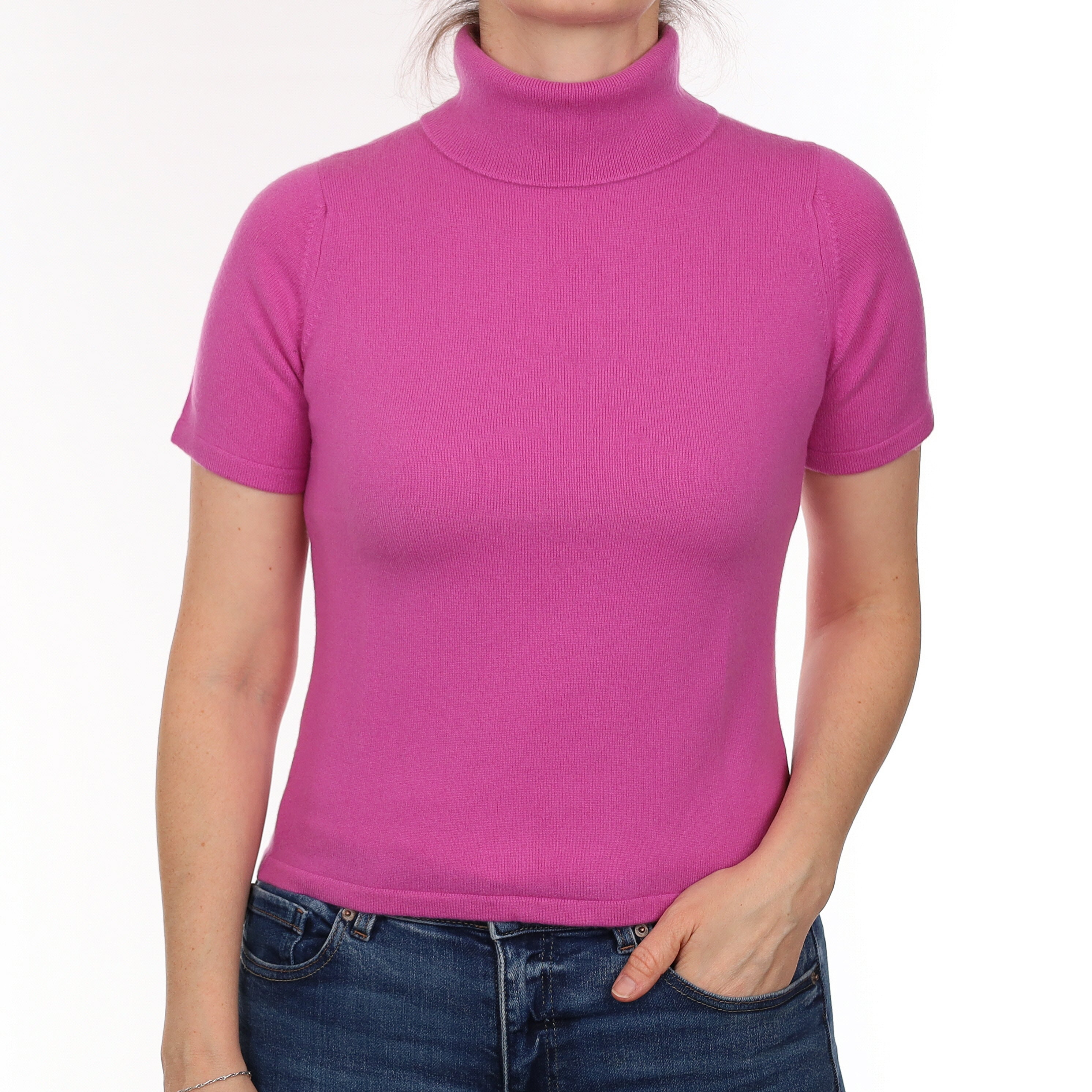 Scottish Magenta Pink Cashmere Short Sleeve Polo Neck Jumper Small