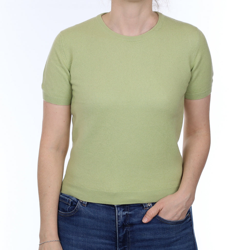 Neiman Marcus Pale Green Cashmere Short Sleeve Crew Neck Jumper Small