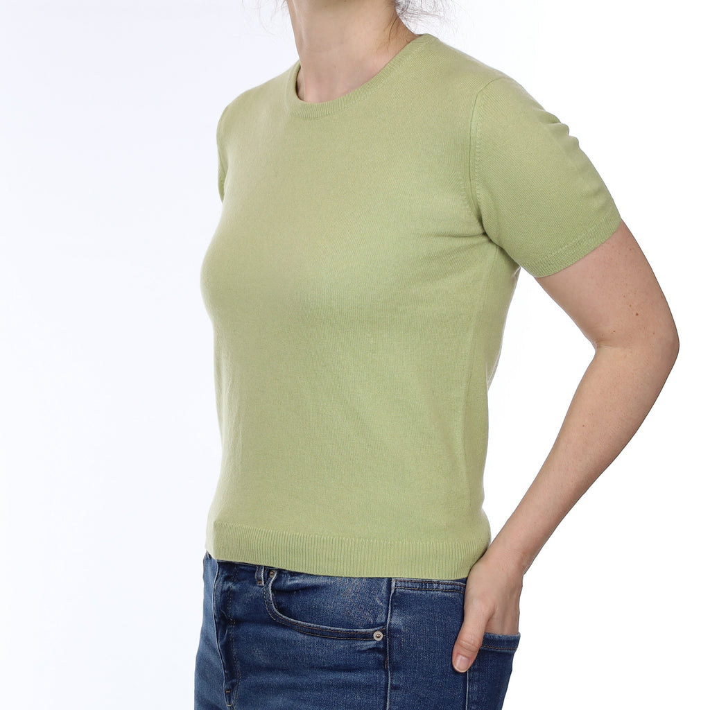 Neiman Marcus Pale Green Cashmere Short Sleeve Crew Neck Jumper Small