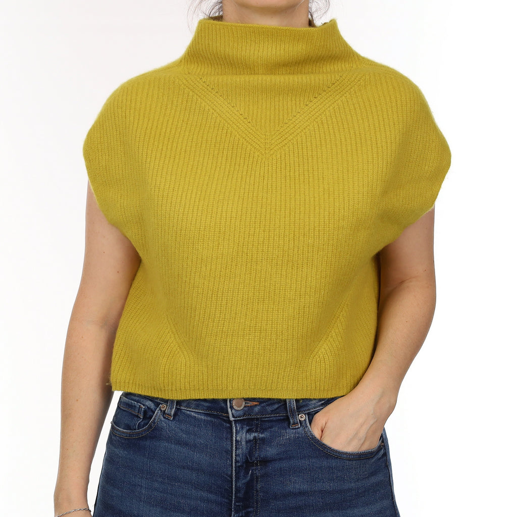 Chartreuse Yellow Chunky Rib Cashmere Sleeveless Funnel Neck Jumper Small