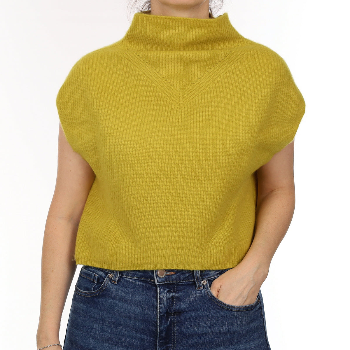 Chartreuse Yellow Chunky Rib Cashmere Sleeveless Funnel Neck Jumper Small