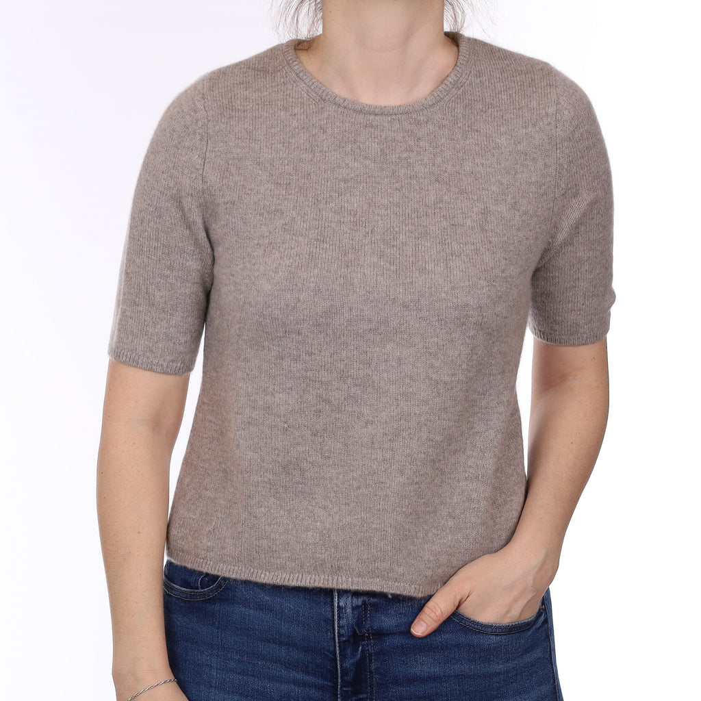 Fawn Brown Cashmere Short Sleeve Crew Neck Jumper Small