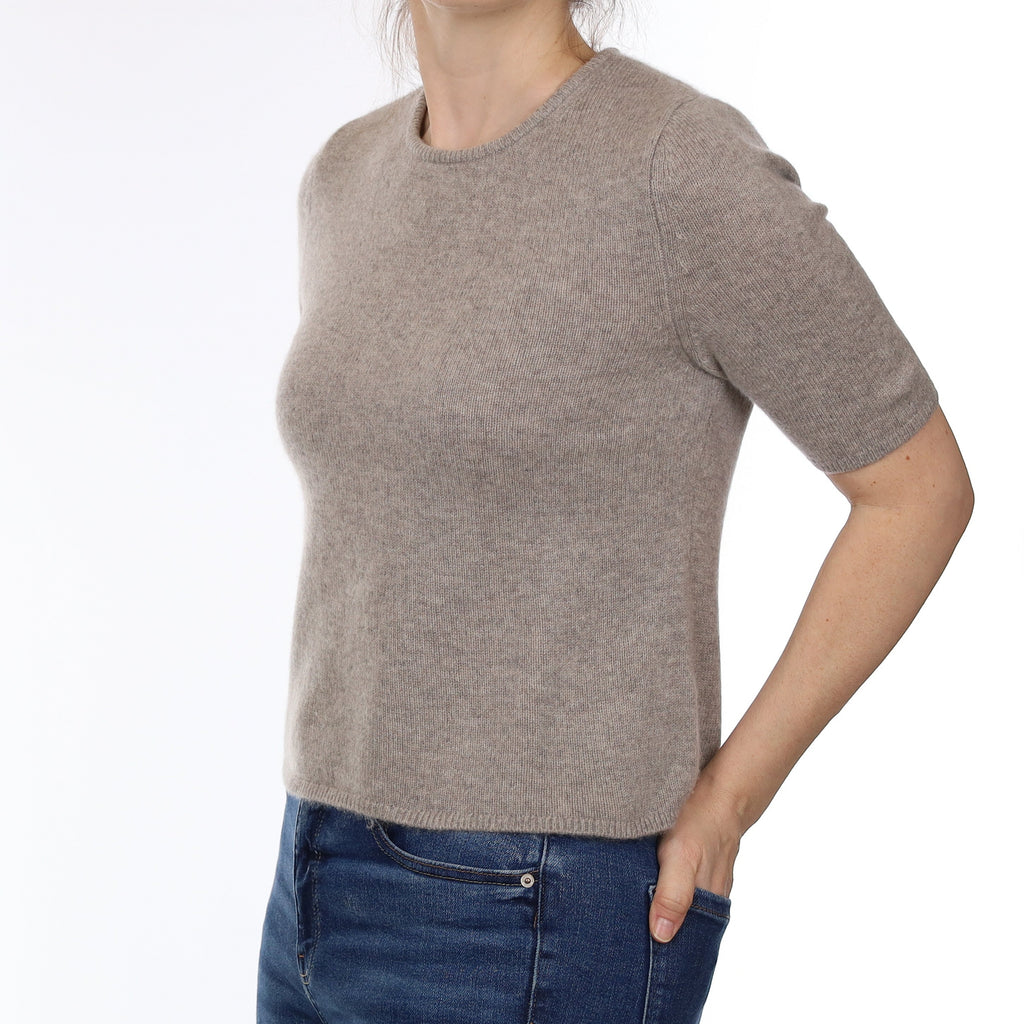 Fawn Brown Cashmere Short Sleeve Crew Neck Jumper Small