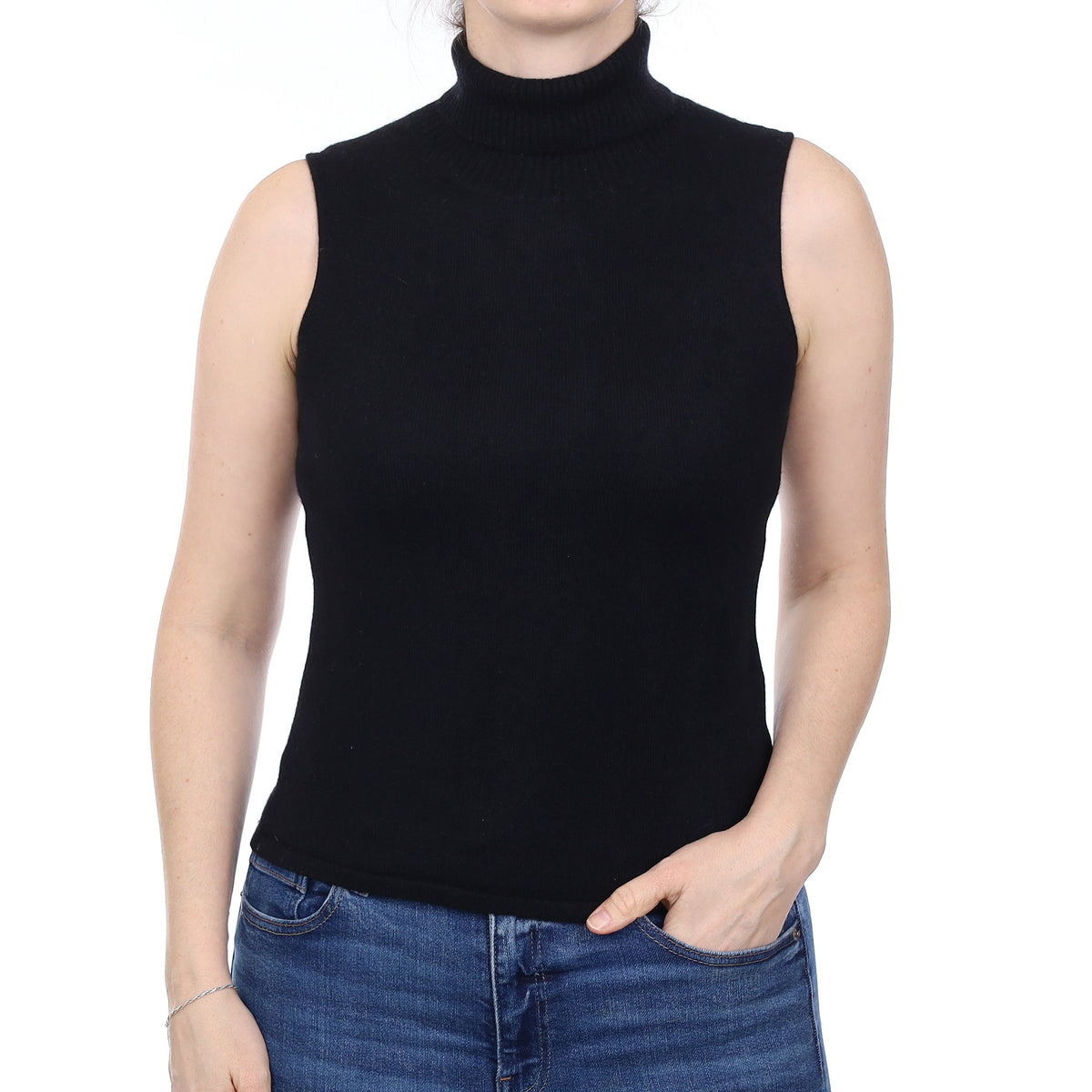 Black Cashmere Sleeveless Polo Neck Top Small