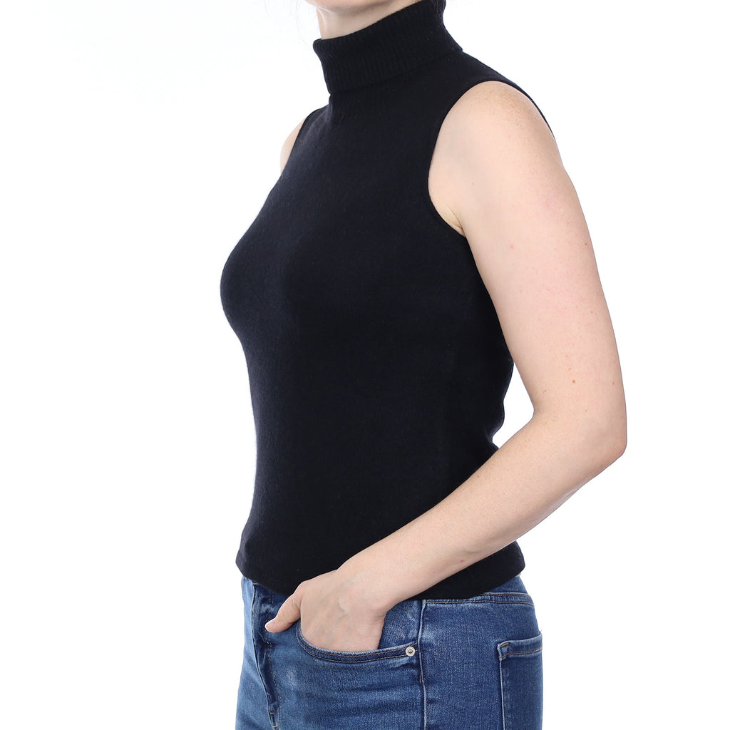 Black Cashmere Sleeveless Polo Neck Top Small