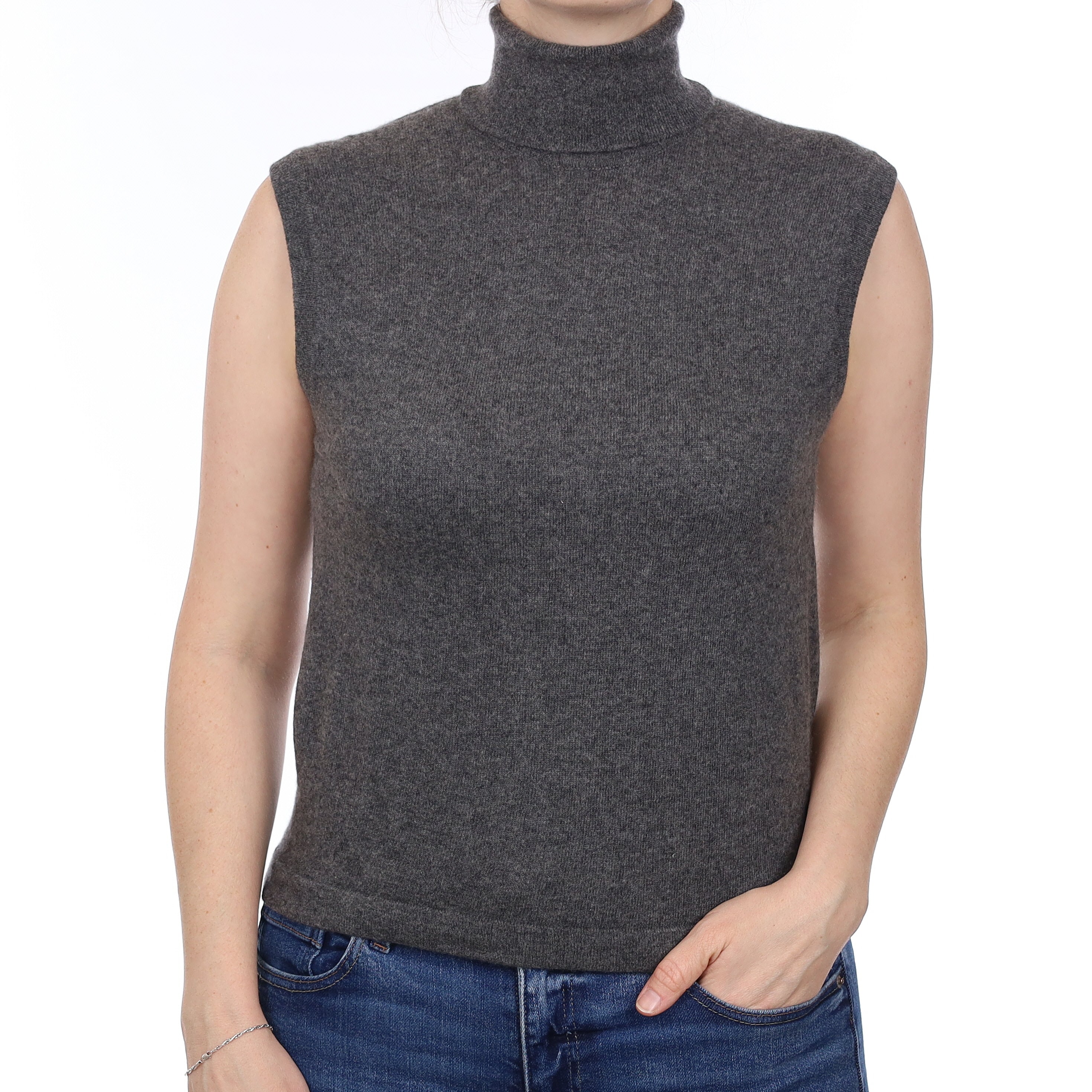 Slate Grey Cashmere Sleeveless Polo Neck Top Small