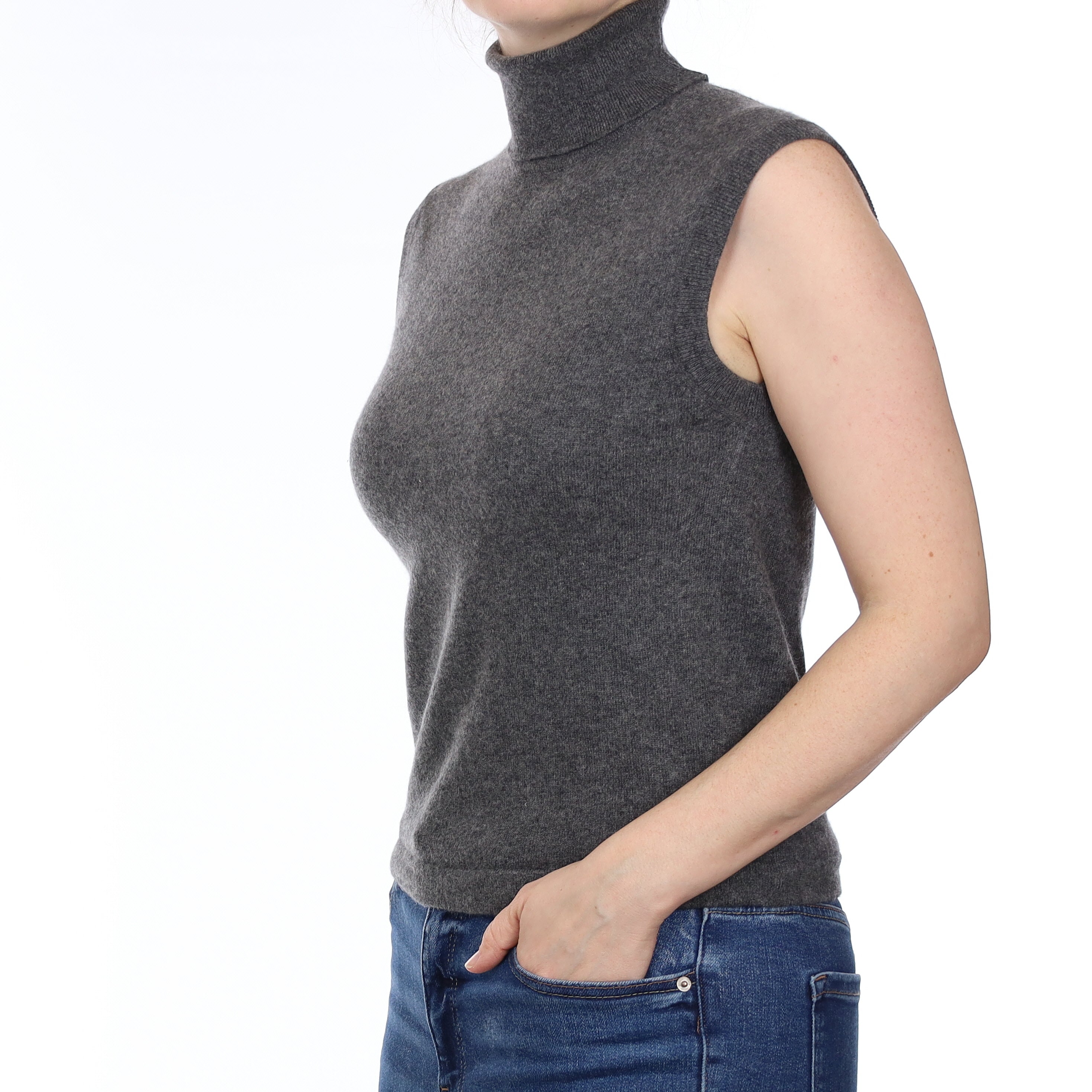 Slate Grey Cashmere Sleeveless Polo Neck Top Small
