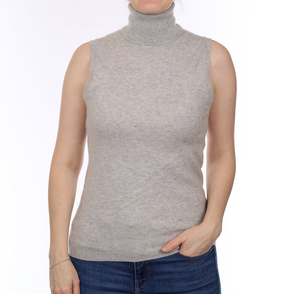 Mist Grey Cashmere Sleeveless Polo Neck Top Small