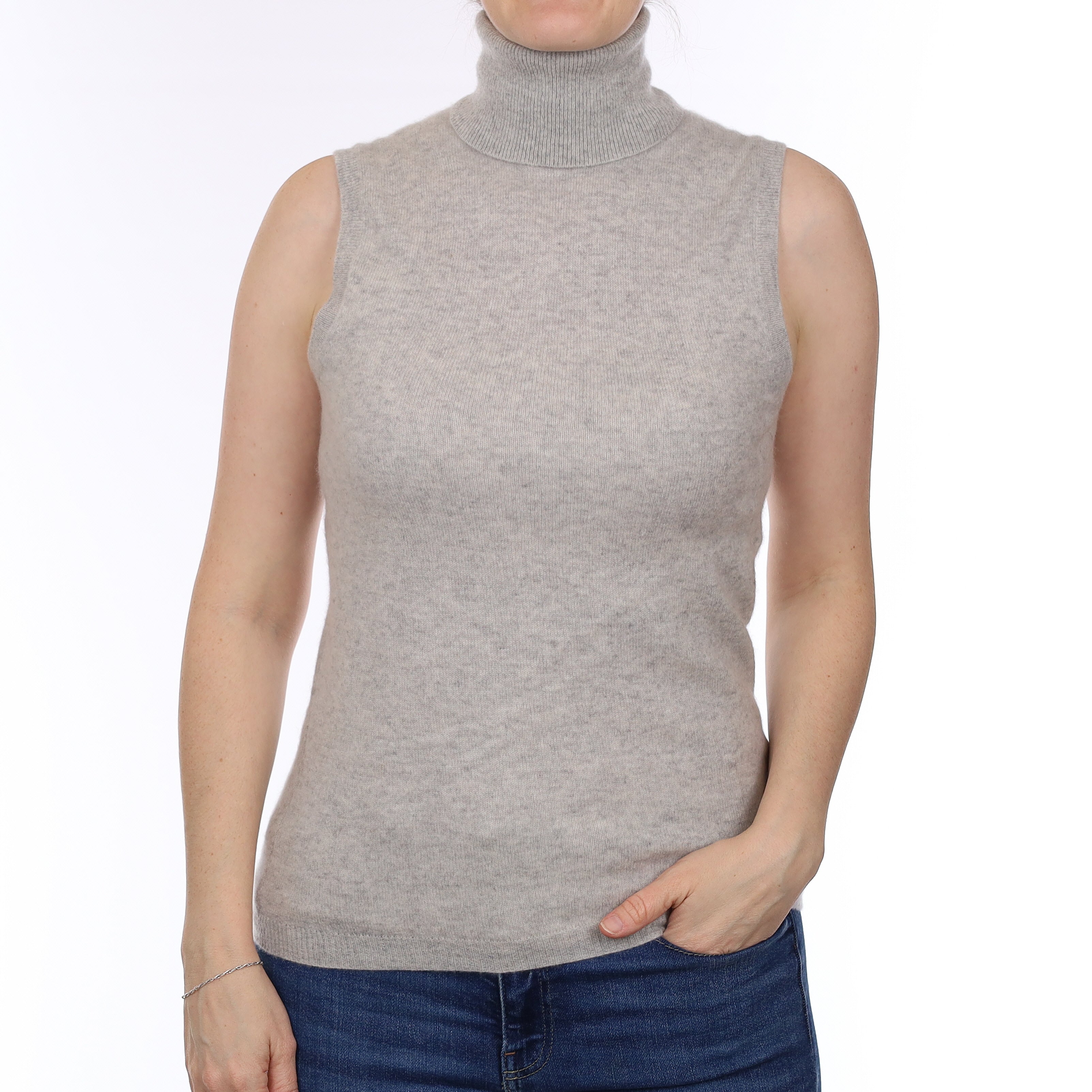 Mist Grey Cashmere Sleeveless Polo Neck Top Small