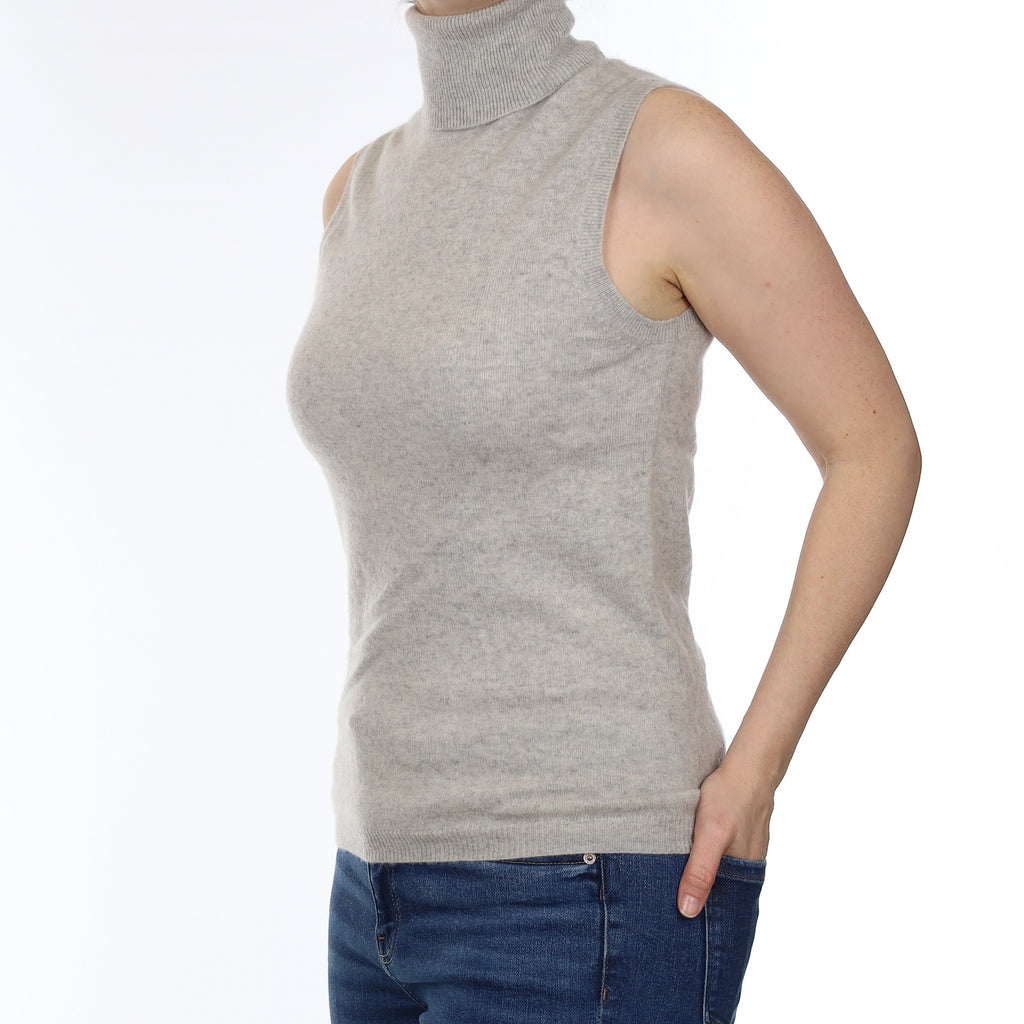 Mist Grey Cashmere Sleeveless Polo Neck Top Small