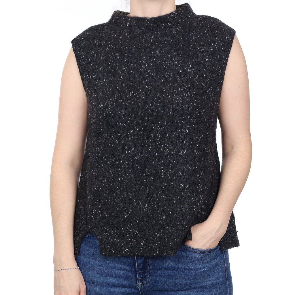 Charcoal Grey Flecked Chunky Cashmere Sleeveless Funnel Neck Top Small
