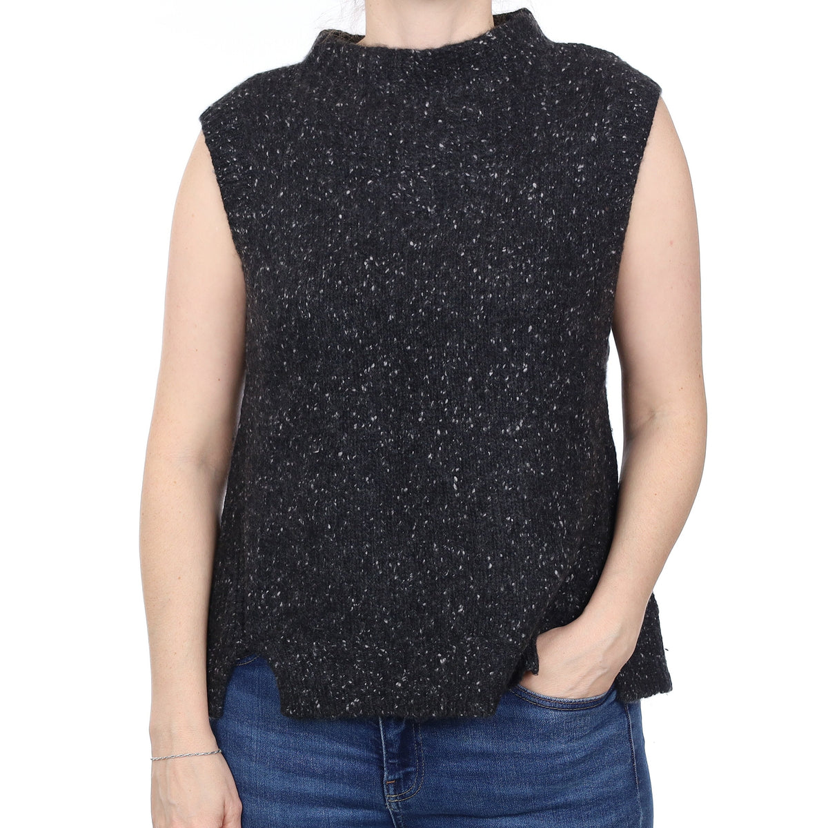 Charcoal Grey Flecked Chunky Cashmere Sleeveless Funnel Neck Top Small
