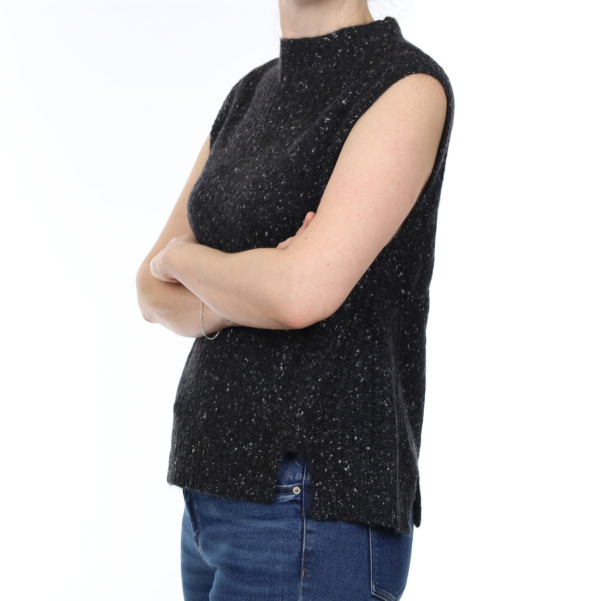 Charcoal Grey Flecked Chunky Cashmere Sleeveless Funnel Neck Top Small