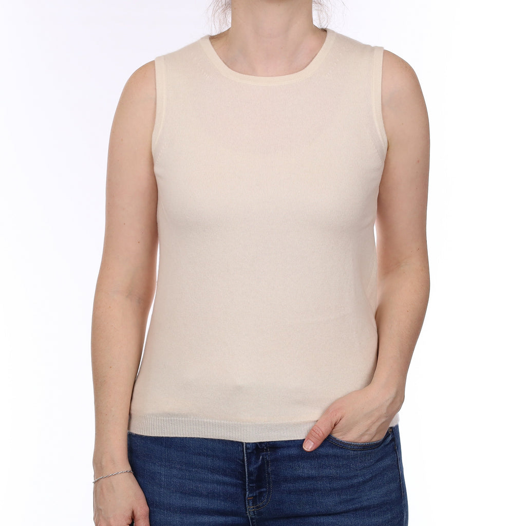 Vanilla Cream Cashmere Crew Neck Tank Top Small