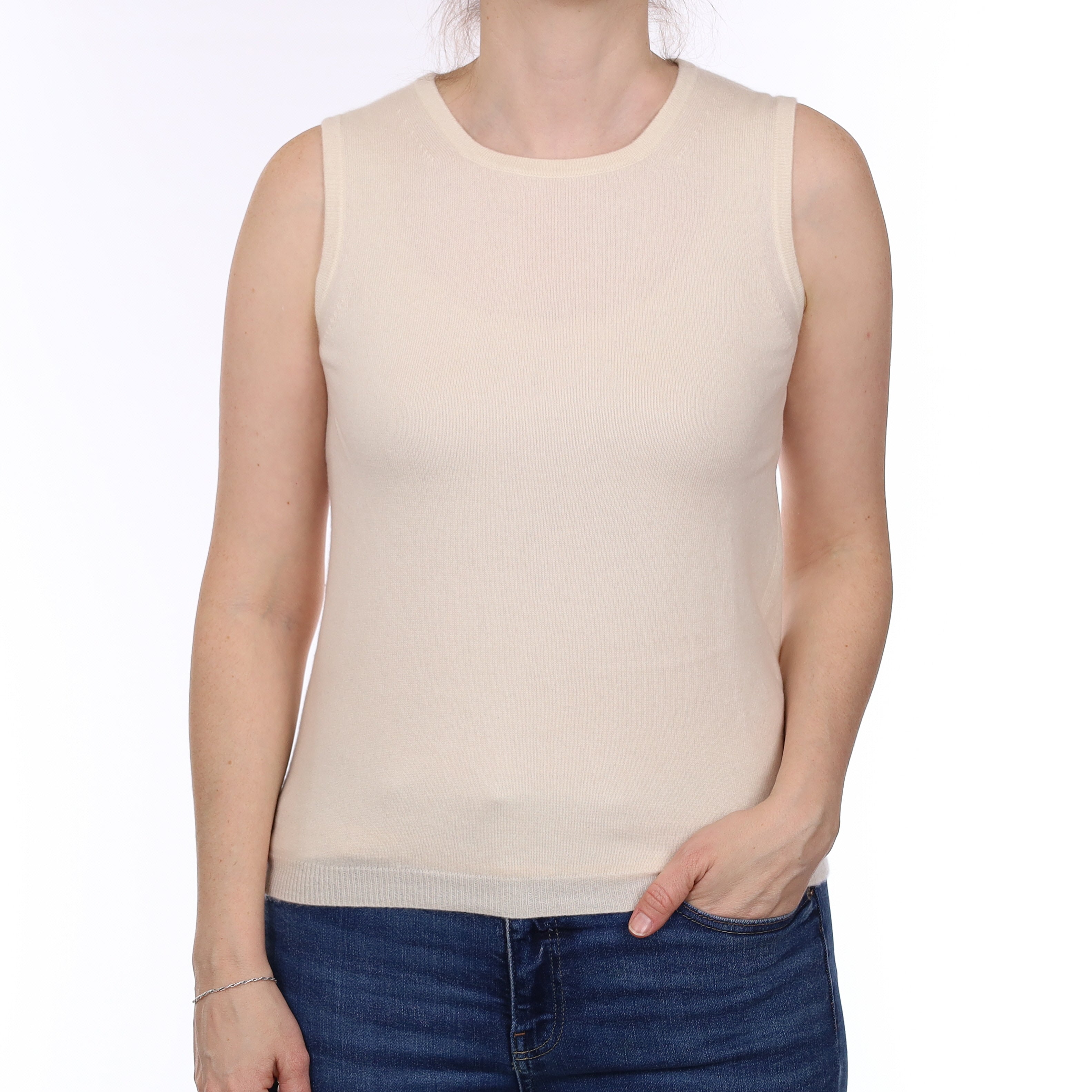 Vanilla Cream Cashmere Crew Neck Tank Top Small