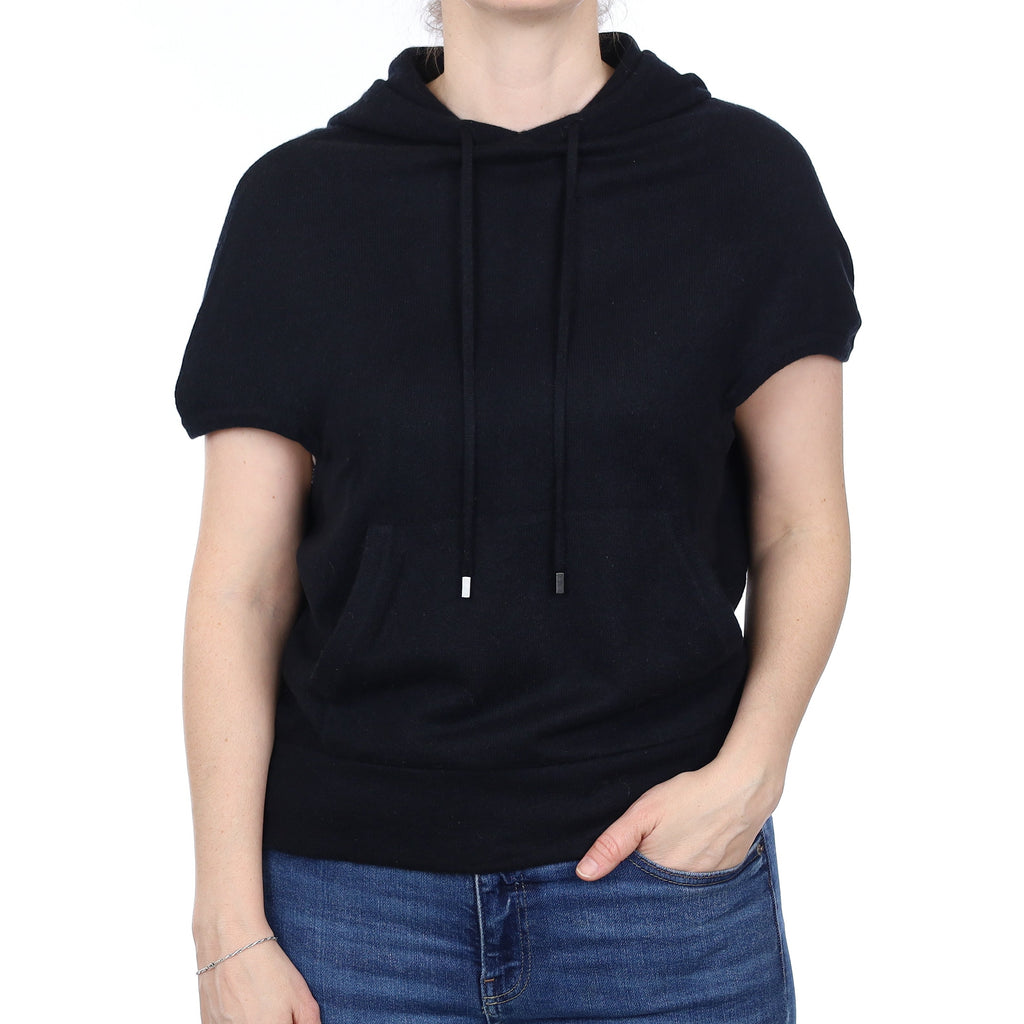 Black Cashmere Capped Sleeve Hoodie with Pouch Pocket Small