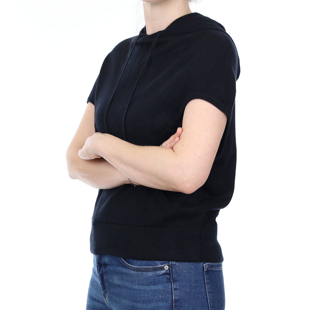 Black Cashmere Capped Sleeve Hoodie with Pouch Pocket Small