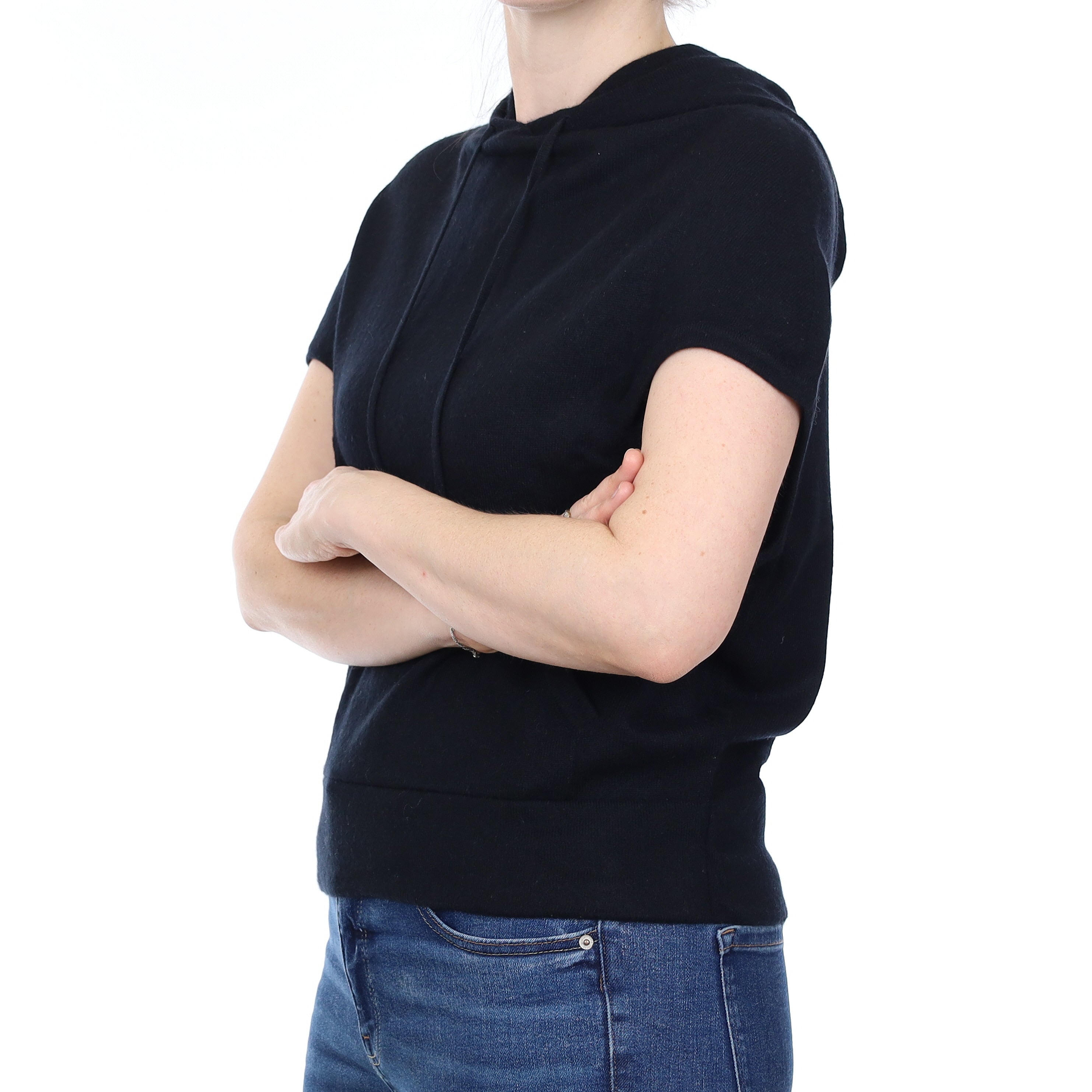 Black Cashmere Capped Sleeve Hoodie with Pouch Pocket Small