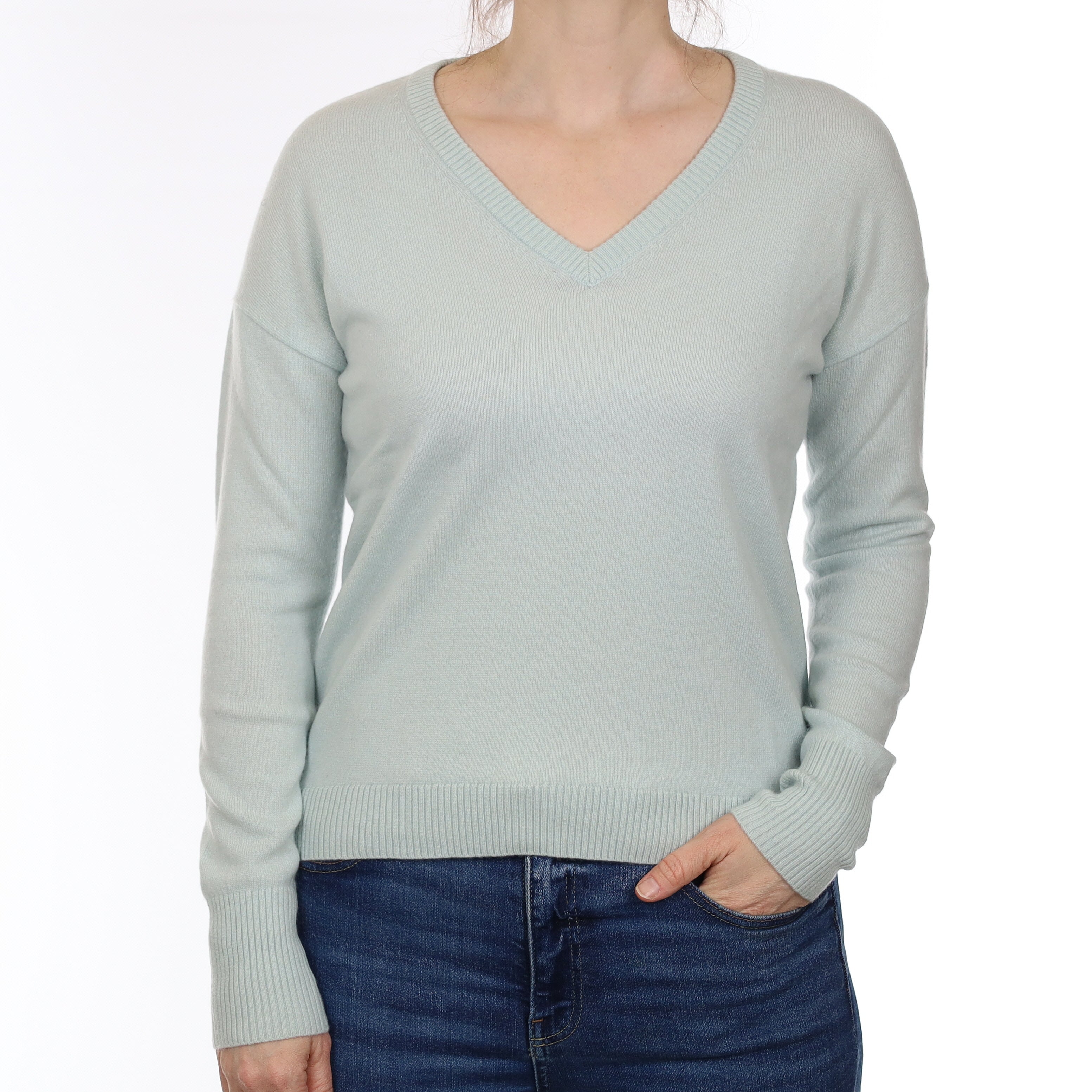 Opal Green Cashmere V Neck Jumper Small