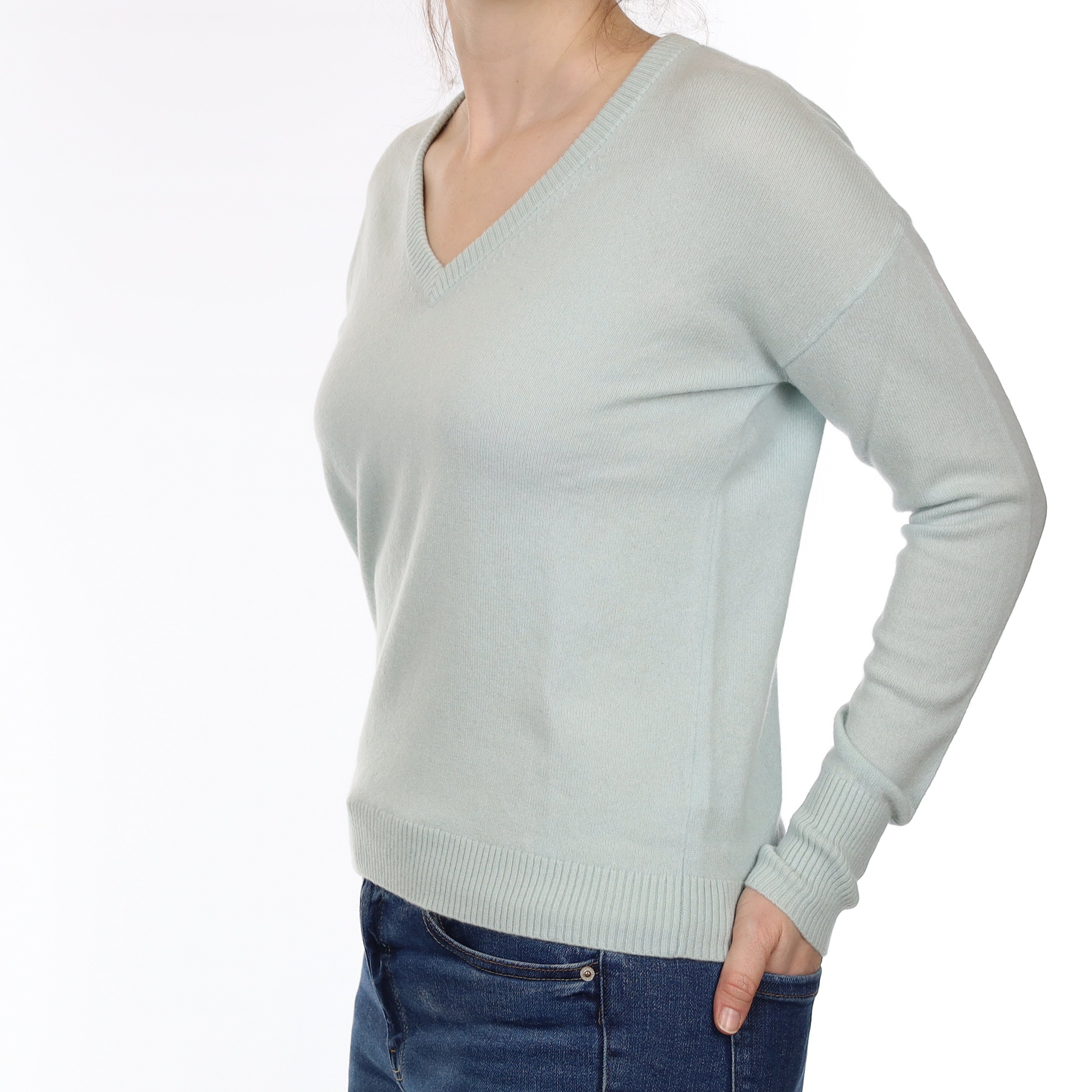 Opal Green Cashmere V Neck Jumper Small