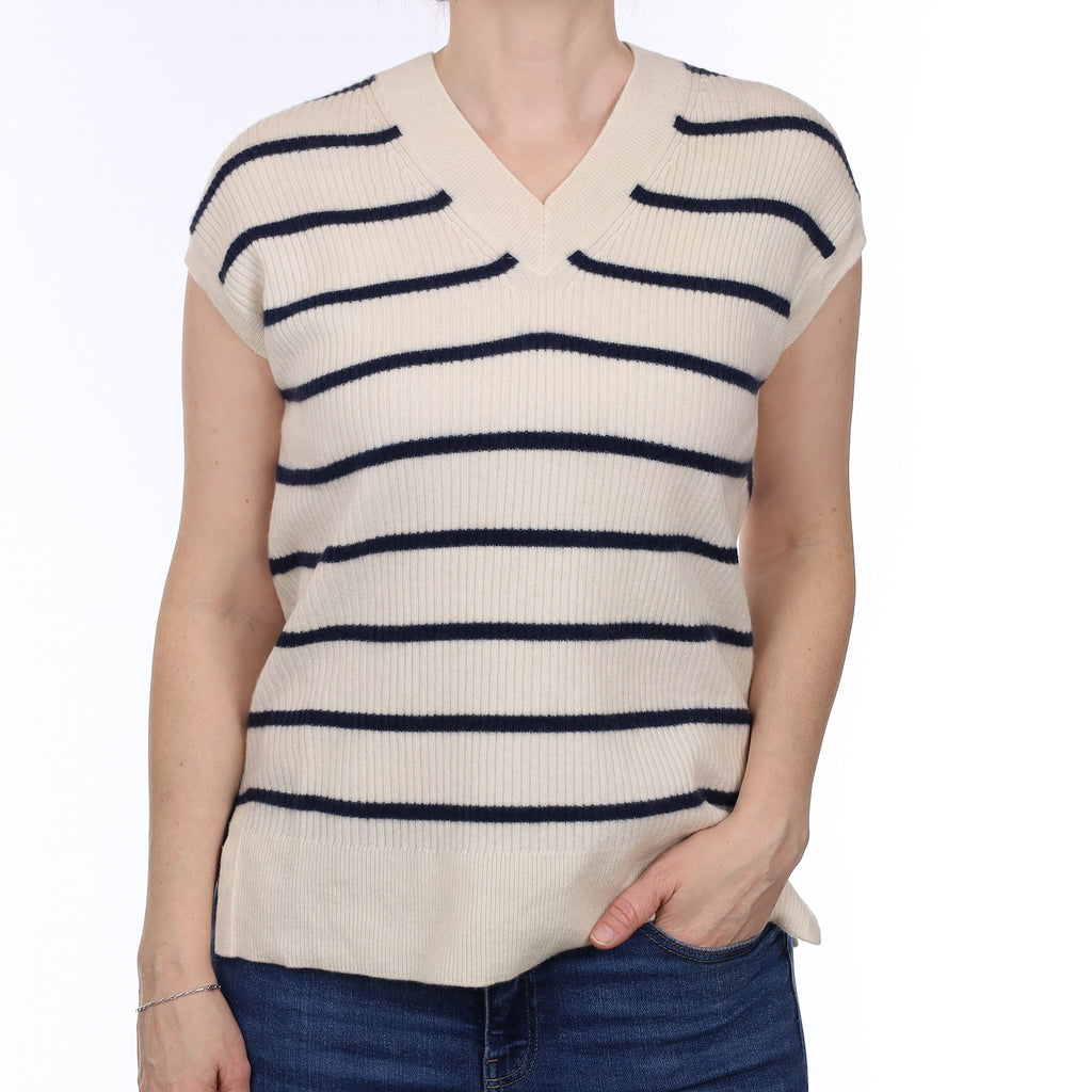 Ivory and Navy Stripe Cashmere Slouchy V Neck Tank Top Small
