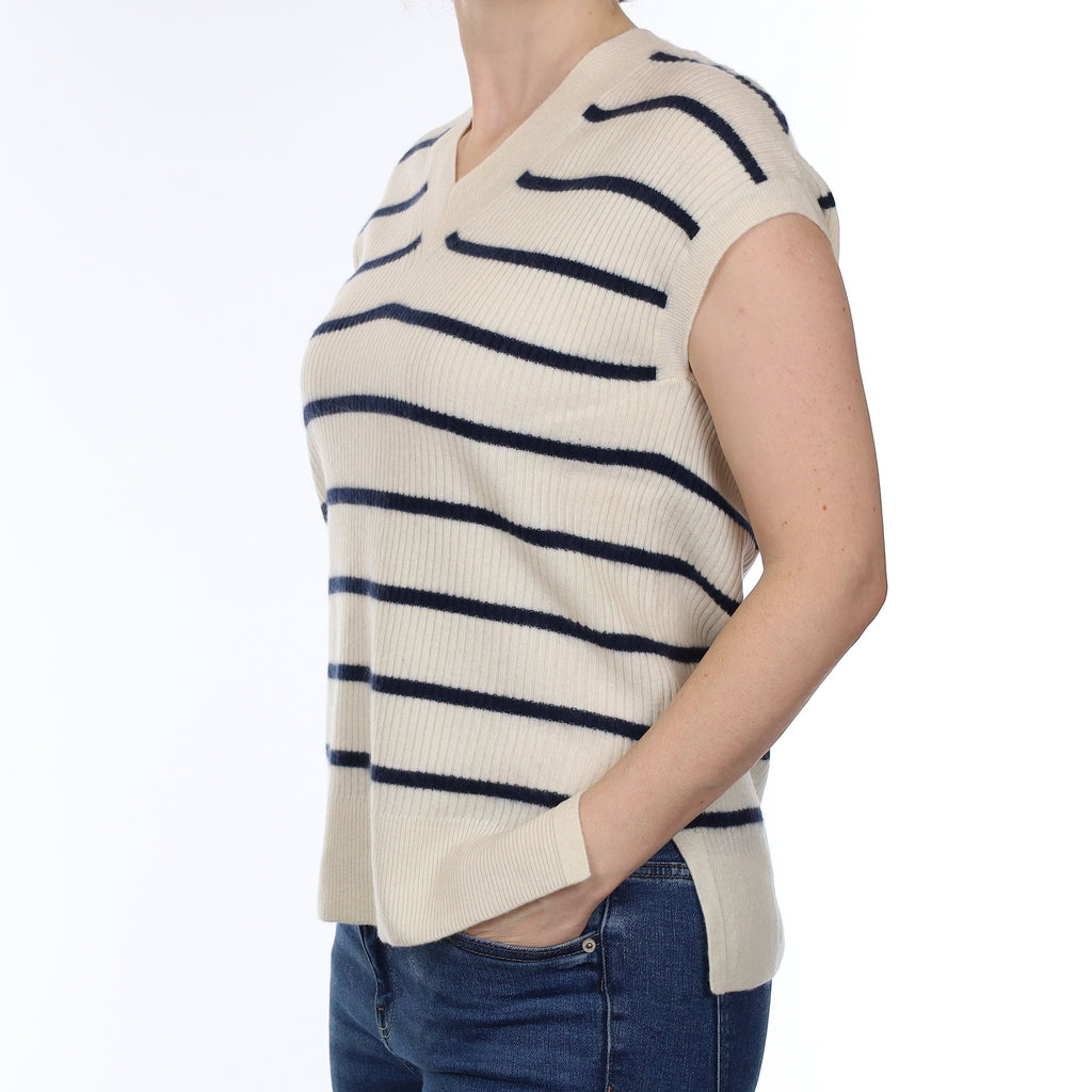 Ivory and Navy Stripe Cashmere Slouchy V Neck Tank Top Small