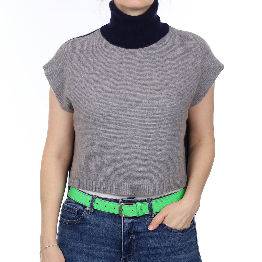 Navy and Smoke Grey Heavy Knit Cashmere Sleeveless Polo Neck Jumper Small