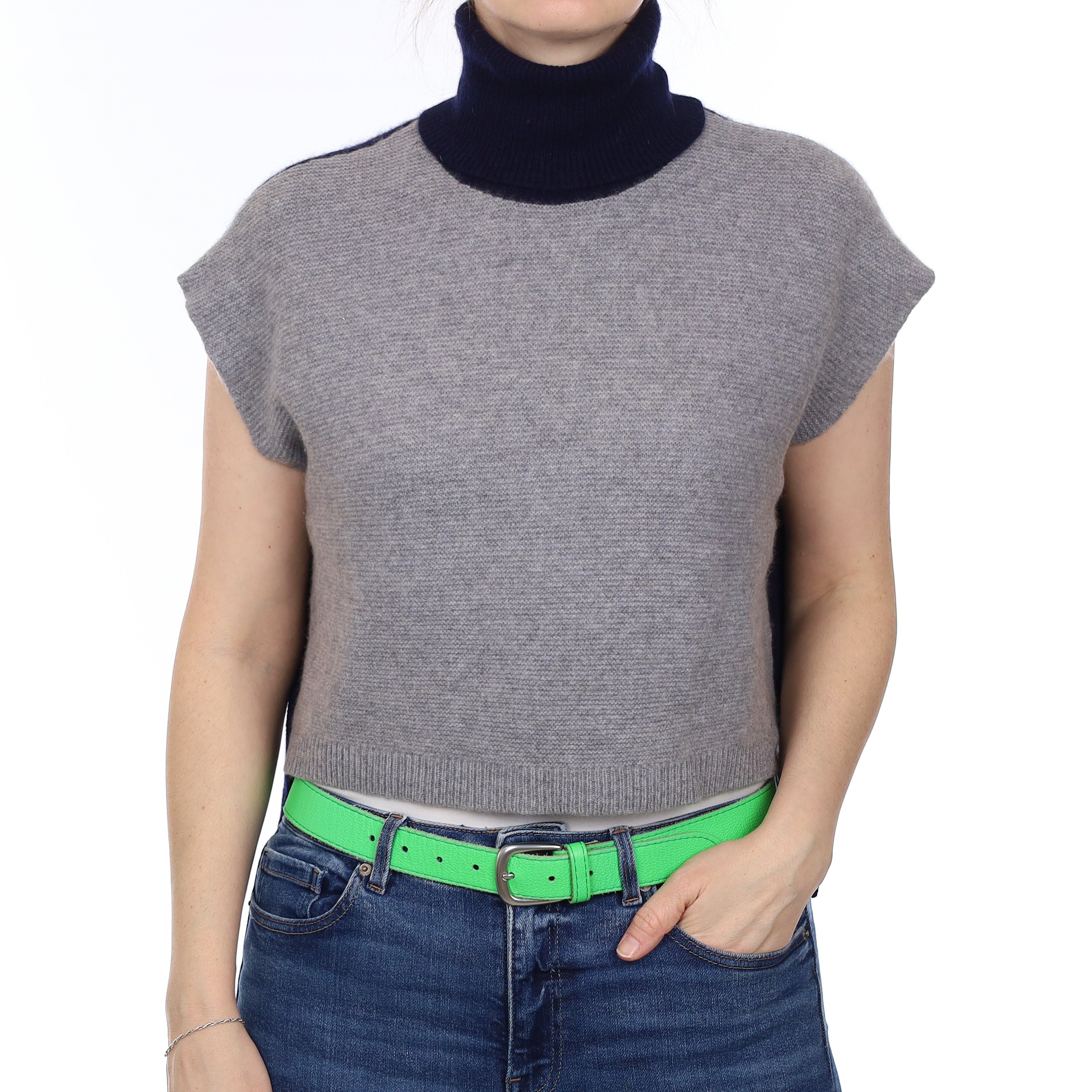 Navy and Smoke Grey Heavy Knit Cashmere Sleeveless Polo Neck Jumper Small