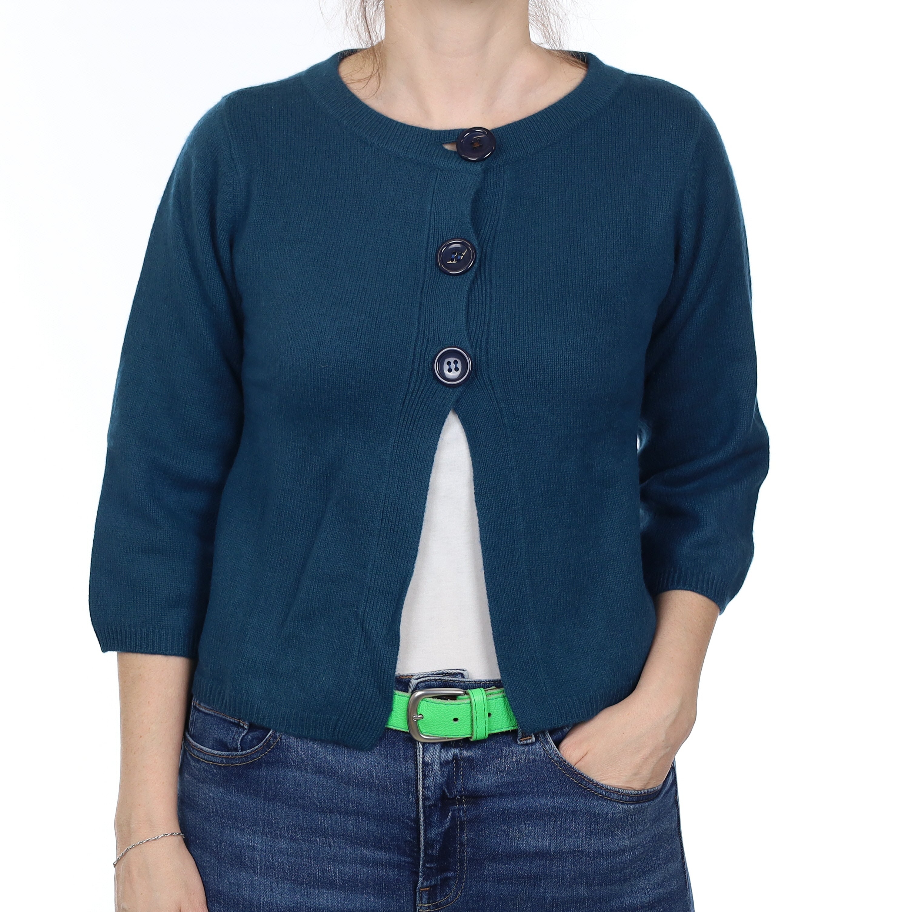 Teal Blue Cashmere Swing Style Crew Neck Cardigan Small