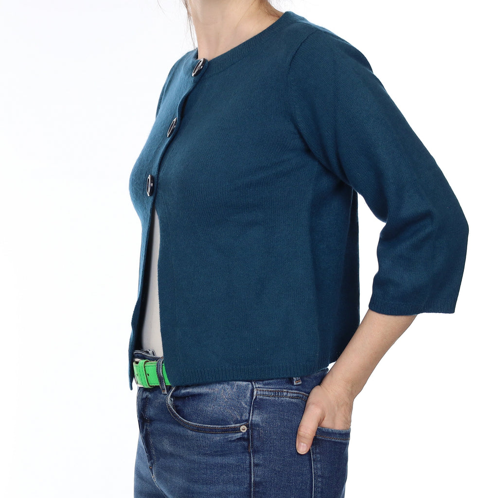 Teal Blue Cashmere Swing Style Crew Neck Cardigan Small