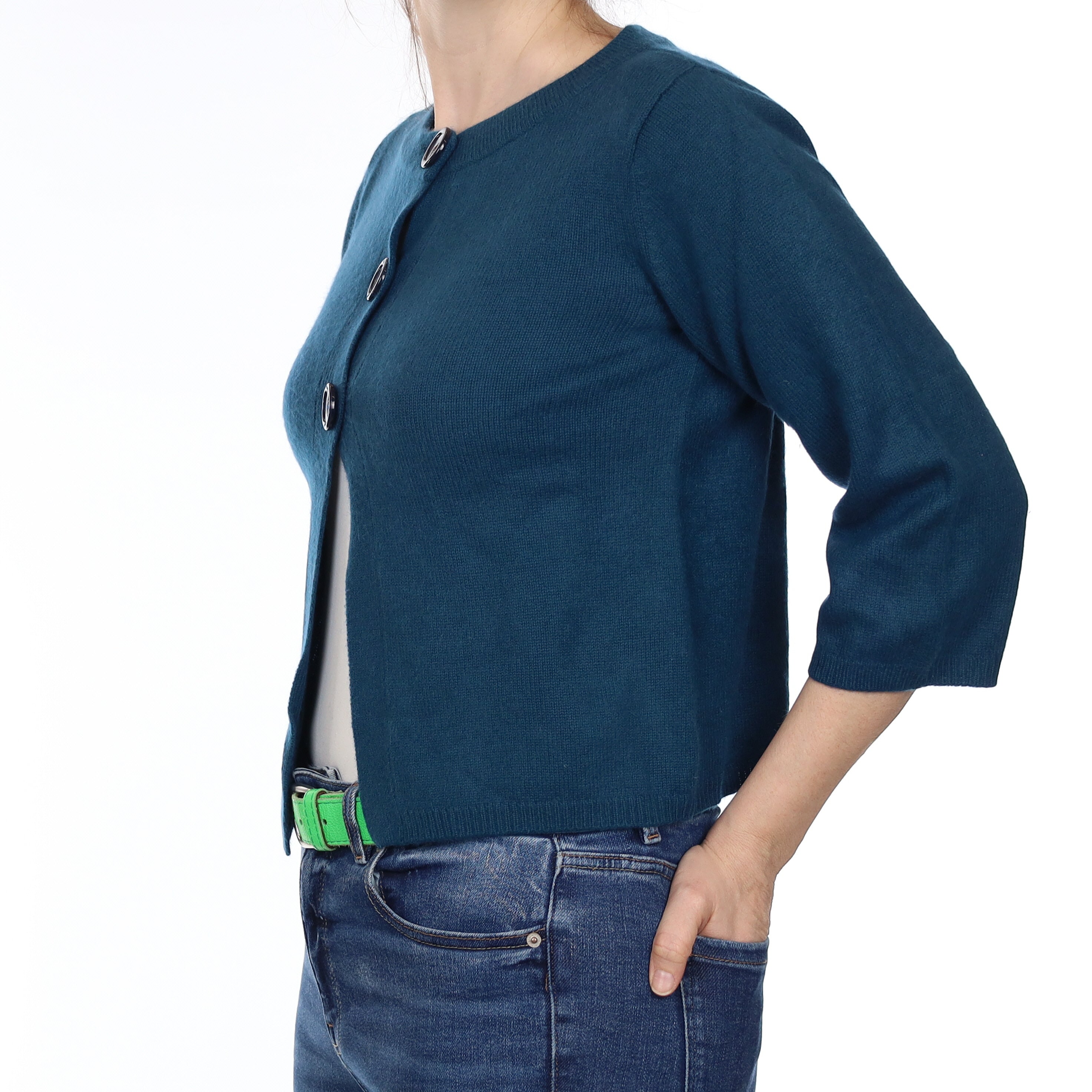 Teal Blue Cashmere Swing Style Crew Neck Cardigan Small