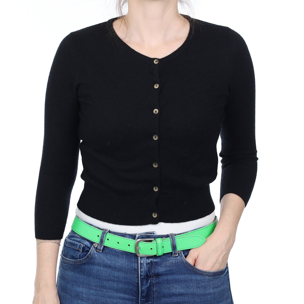 Black Cashmere 3/4 Sleeve Crew Neck Cardigan Small