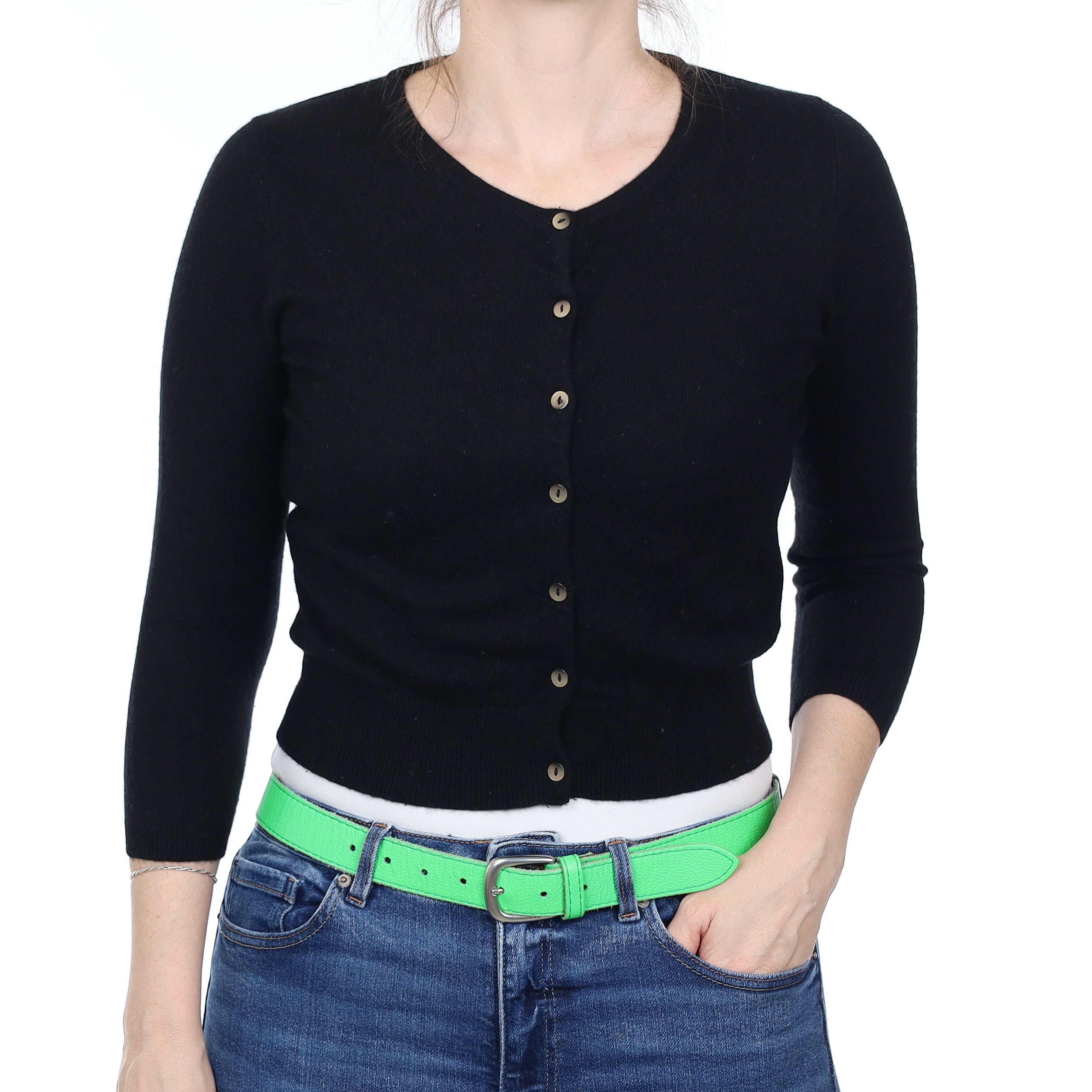 Black Cashmere 3/4 Sleeve Crew Neck Cardigan Small