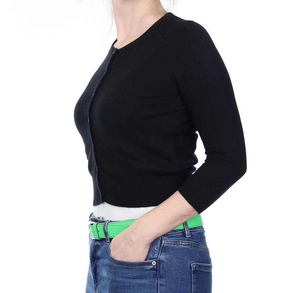Black Cashmere 3/4 Sleeve Crew Neck Cardigan Small